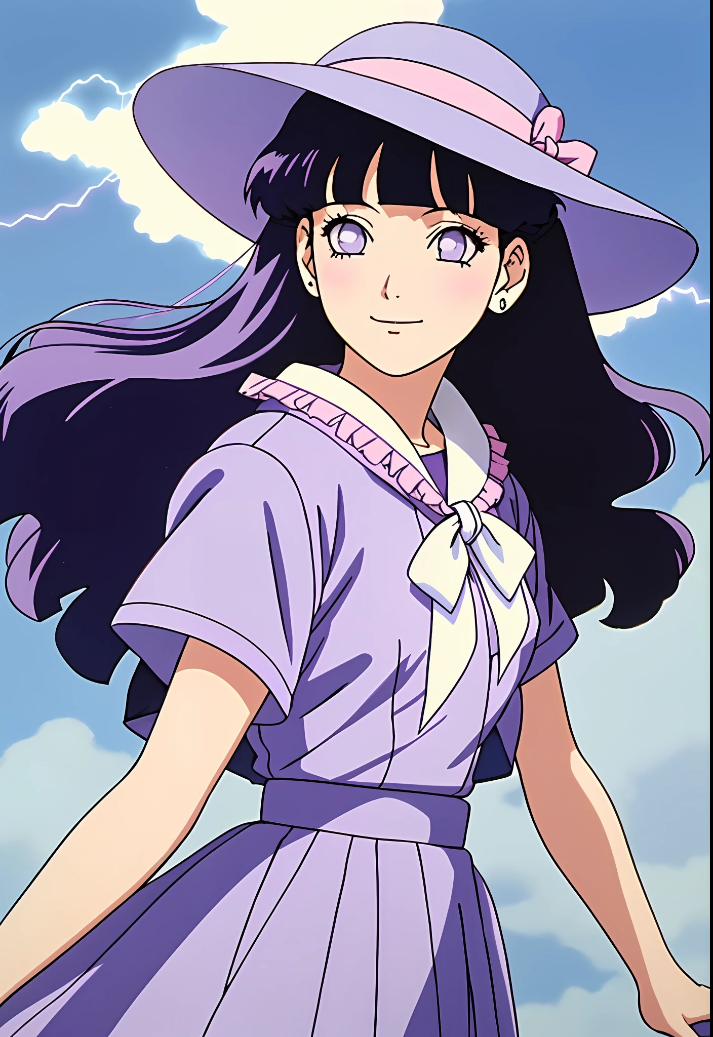 muted pastel colors, retro anime, 1990s anime, 1980s anime, brush strokes, 

1girl, bow, dress, female focus, frills, hat, lightning, dark blue hair, purple eyes, blunt bangs, ribbon, shawl, long hair, sad smile ((solo))