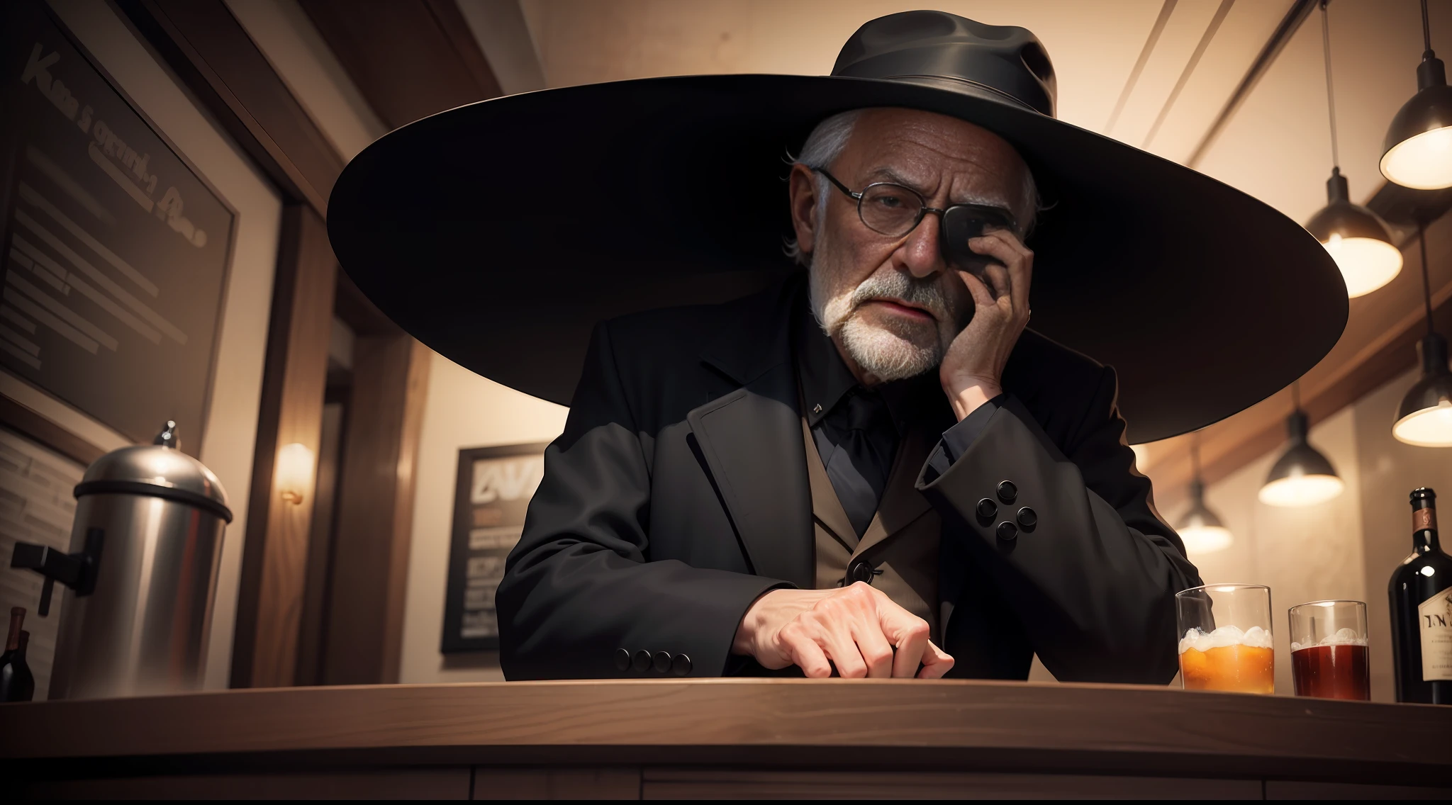 Old man sitting at the bar with a big hat that hid his face and a black overcoat