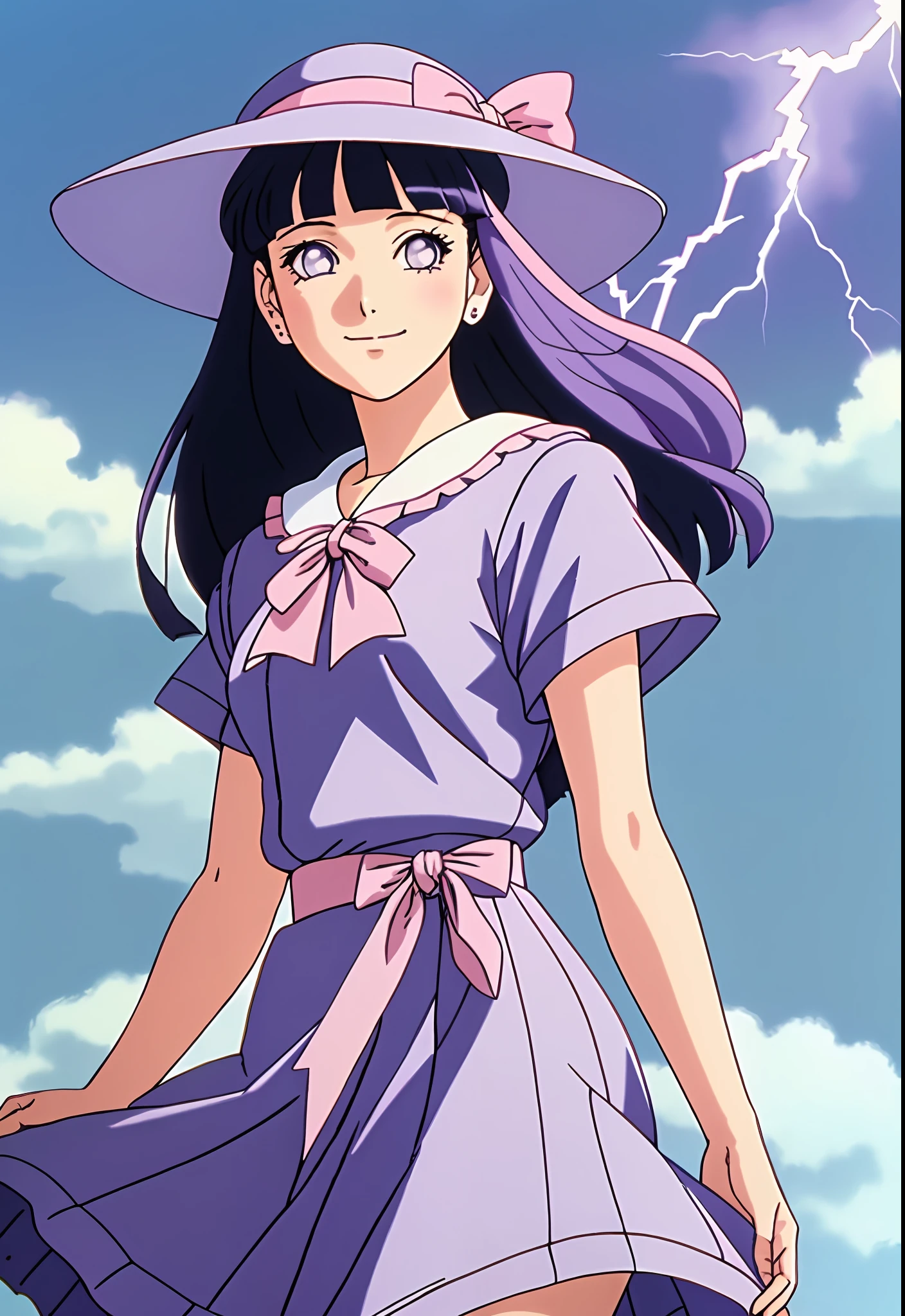 muted pastel colors, retro anime, 1990s anime, 1980s anime, brush strokes,
1girl, bow, dress, female focus, frills, hat, lightning, dark blue hair, purple eyes, blunt bangs, ribbon, shawl, long hair, sad smile ((solo))