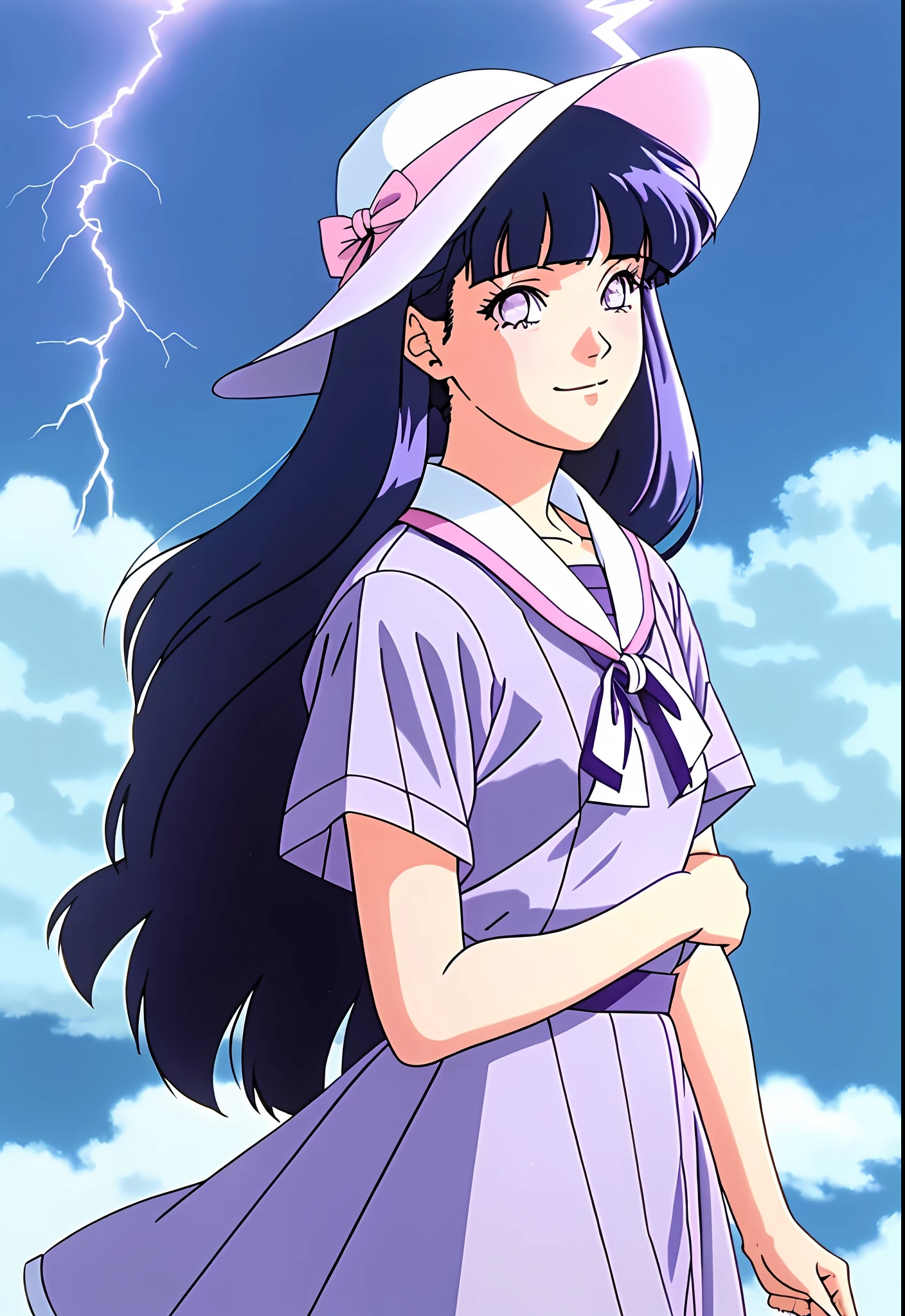 muted pastel colors, retro anime, 1990s anime, 1980s anime, brush strokes,
1girl, bow, dress, female focus, frills, hat, lightning, dark blue hair, purple eyes, blunt bangs, ribbon, shawl, long hair, sad smile ((solo))