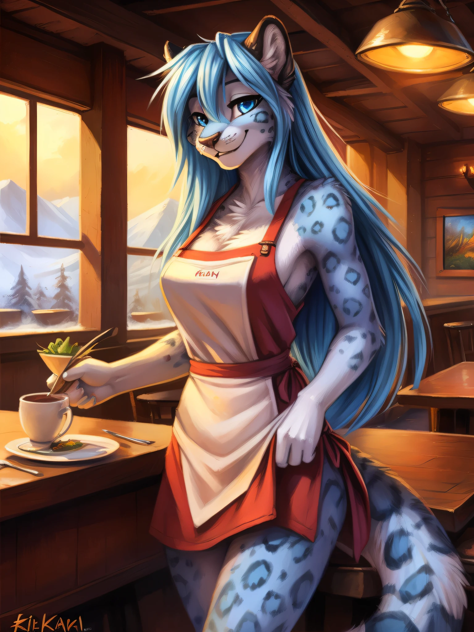 by fluff-kevlar, by Zackary911, by Kenket, by Kilinah, by fluff-kevlar, (masterpiece), (best quality), (cinematic lighting), (anthro furry:1.3, snout:1.2, anthro:1.3, furry:1.2, solo female:1.2), solo, fully body, waitress, full body, (happy expression, perfect posture, smile), restaurant background, long hair, light blue hair, snow leopard, blue eyes