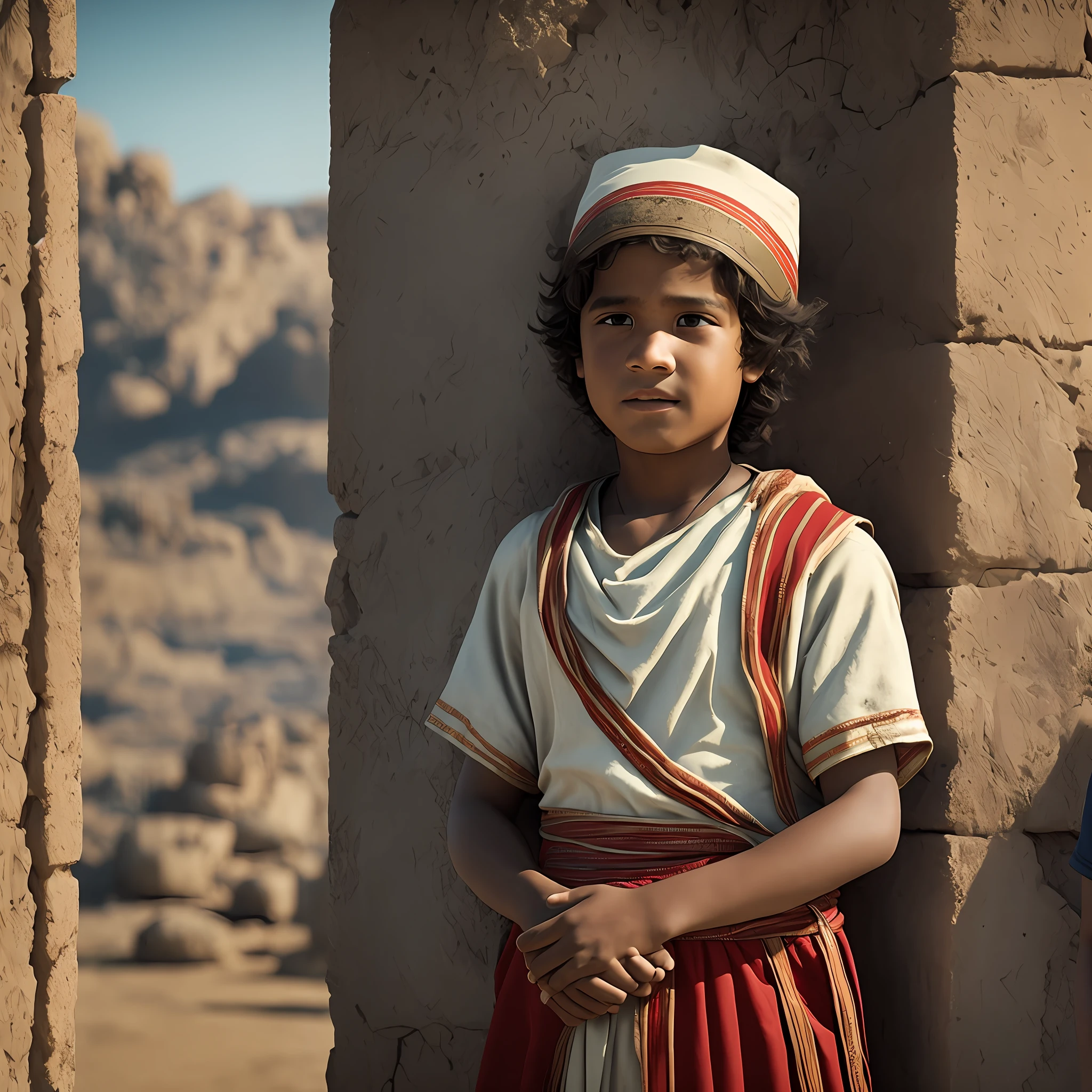 In the image, we can see in a super realistic way an ancient scenario, dating back to the time of Moses. 1 boy of approximately 12 years. 1 woman of approximately 45 years. 1 man in his 80s is in the center of the scene, wearing a bright red. He is pictured standing with his hands on his hips and a curious and determined look on his young face. (cinematic) (in 4k) --auto --s2