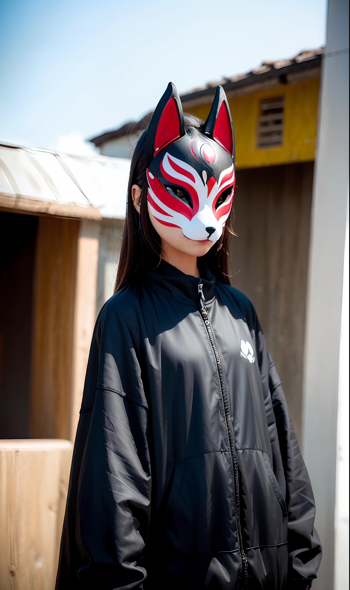 Fox mask Person wearing fox mask on face, woman, jet black, long coat, shorts, strong wind, typhoon, hurricane