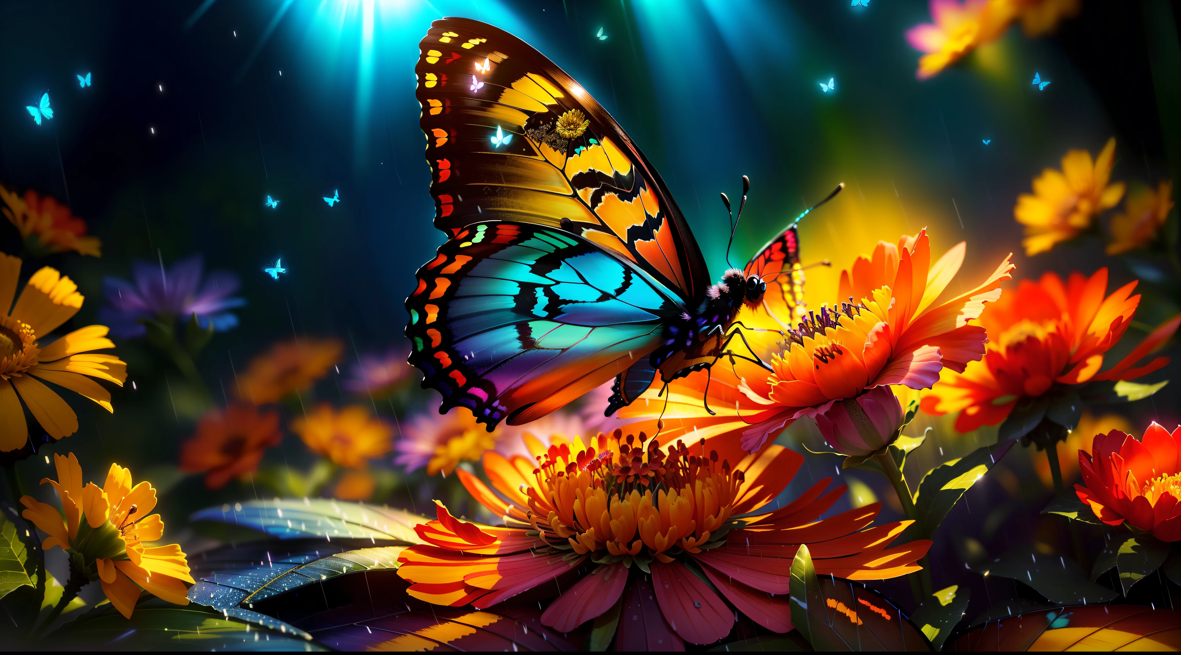 brightly colored butterfly sitting on a flower in the rain, colorful hd picure, butterfly lighting, harmony of butterfly, butterfly, glowing butterflies, details and vivid colors, flowers and butterflies, butterflies and sunrays, beautiful photo, beautiful and colorful, beautiful nature, magical colorful flowers, macro photography 8k, vivid glowing colors, amazing photo, beautiful composition 3 - d 4 k