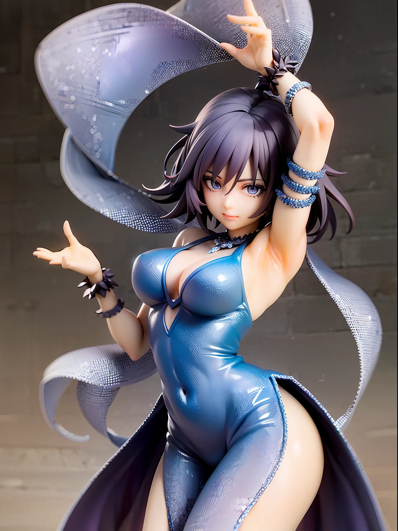 Midnight blue, silver, dancing girl, happy and energetic face, wearing 1920s flapper dress with silver fringes and beads, feather decorations, black short curly bob hair, beautiful dark blue eyes, closed mouth, stepping forward and dancing, city lit by moonlight