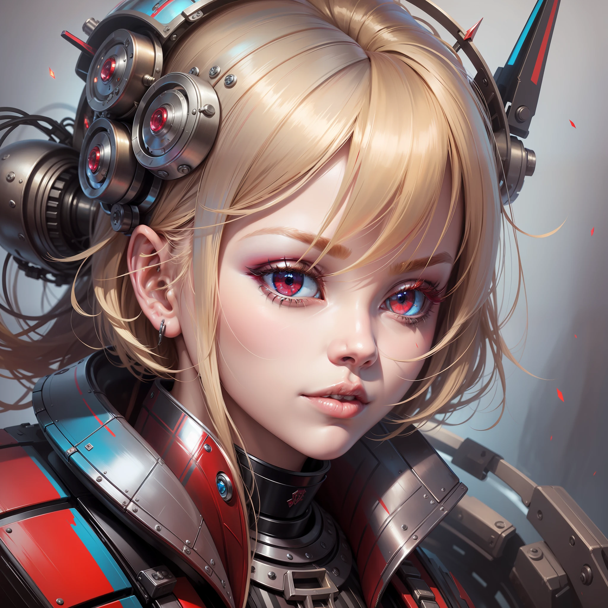 Close up, Crazy Beautiful Blonde, Futuristic Realism Style, Steel Punk, Hip Hop, Speed Paint, Ruby Red and Pale Blue, Princescore, Pop Kei, (Masterpiece, Best Quality: 1.5)