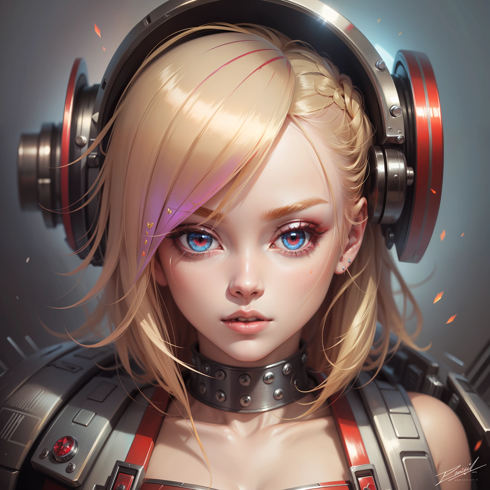 Close up, Crazy Beautiful Blonde, Futuristic Realism Style, Steel Punk, Hip Hop, Speed Paint, Ruby Red and Pale Blue, Princescore, Pop Kei, (Masterpiece, Best Quality: 1.5)