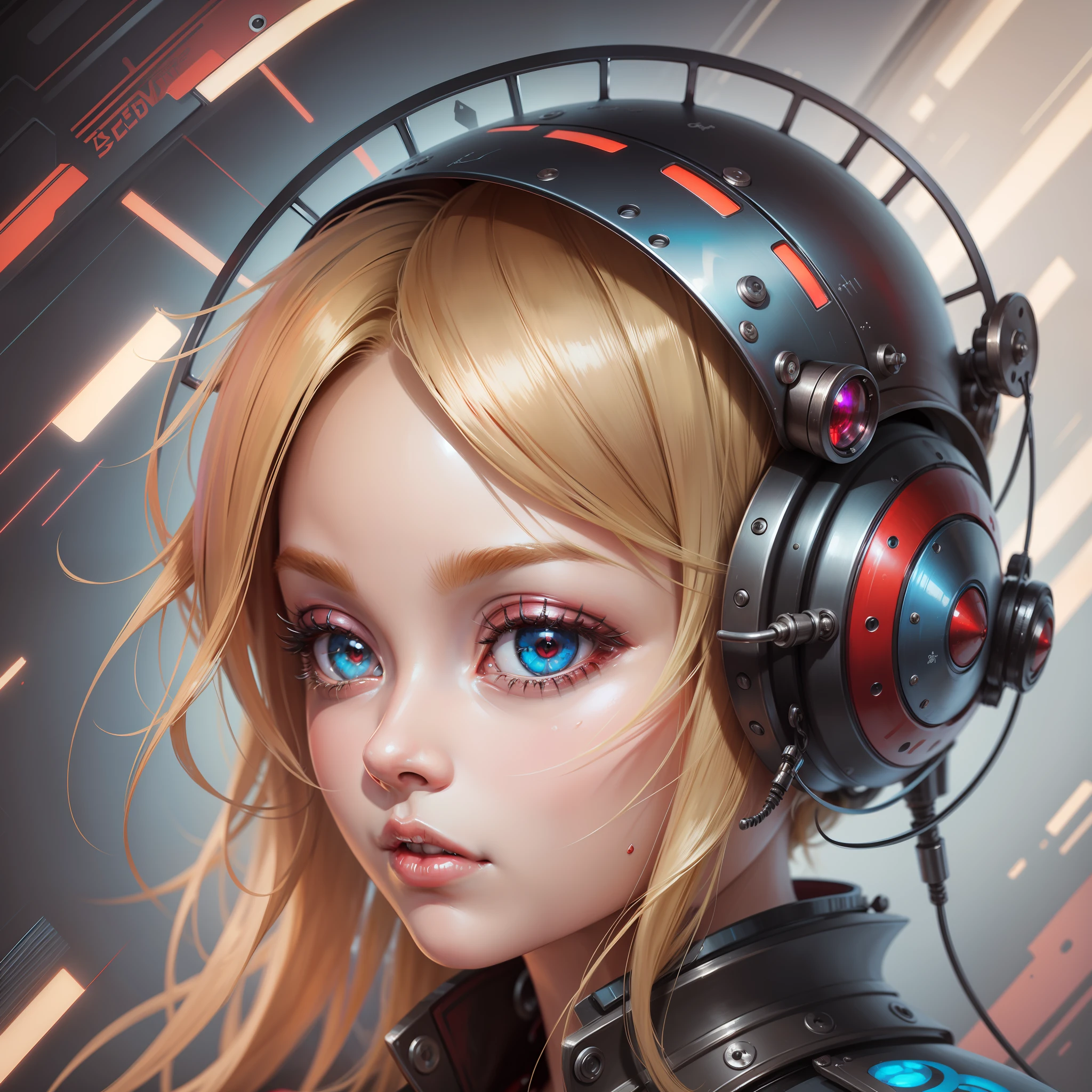 Close up, Crazy Beautiful Blonde, Futuristic Realism Style, Steel Punk, Hip Hop, Speed Paint, Ruby Red and Pale Blue, Princescore, Pop Kei, (Masterpiece, Best Quality: 1.5)