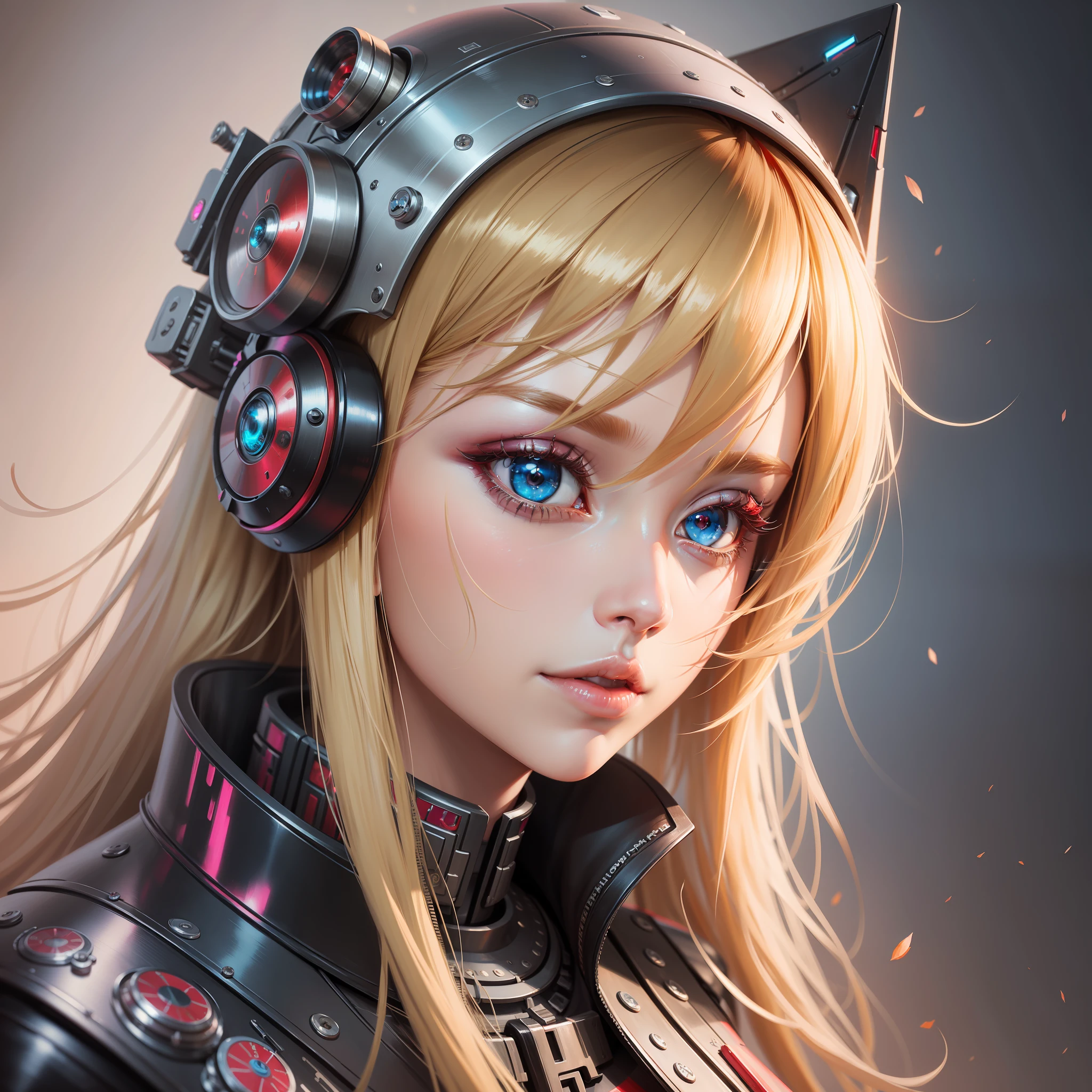 Close up, Crazy Beautiful Blonde, Futuristic Realism Style, Steel Punk, Hip Hop, Speed Paint, Ruby Red and Pale Blue, Princescore, Pop Kei, (Masterpiece, Best Quality: 1.5)
