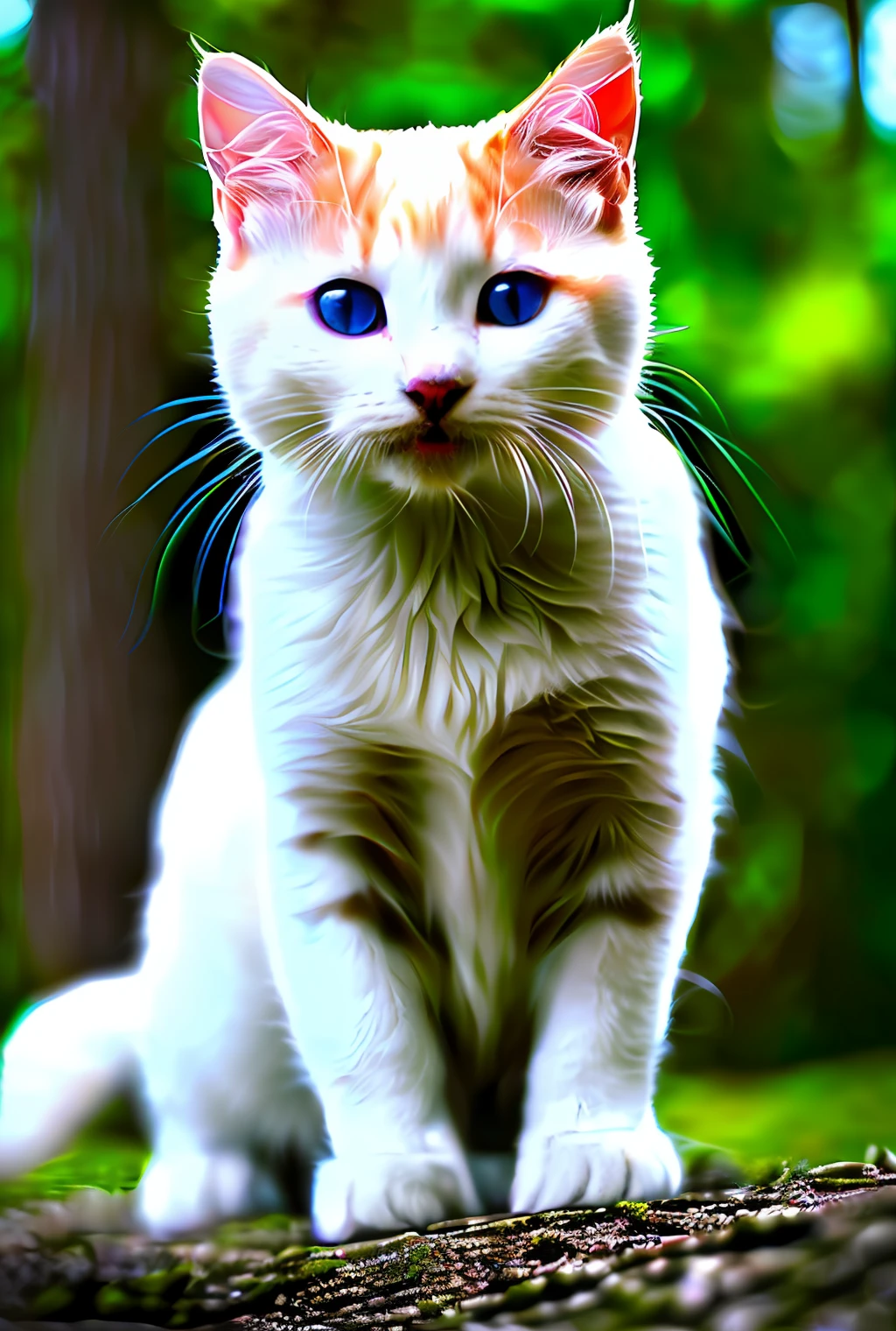 Dark forest with realistic white cat