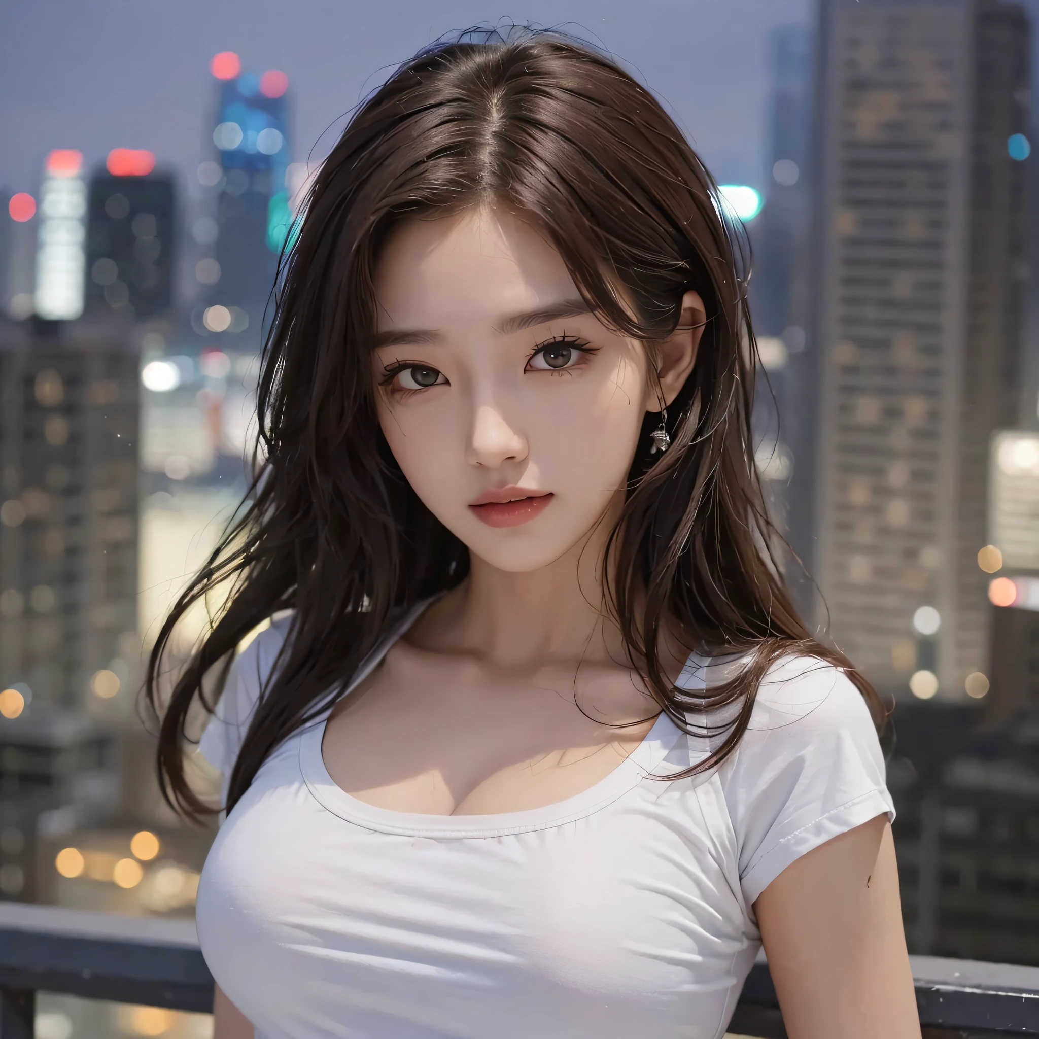 ((Midnight, Best quality, 8k, Masterpiece :1.3)), Whole body, Long legs, Sharp focus :1.2, A pretty woman with perfect figure :1.4, Slender abs :1.1, ((Dark brown hair, Big breasts :1.2)), (White tight tshirt, Jean bib, Standing:1.2), ((Night city view, Rooftop:1.3)), Highly detailed face and skin texture, Detailed eyes, Double eyelid --auto --s2