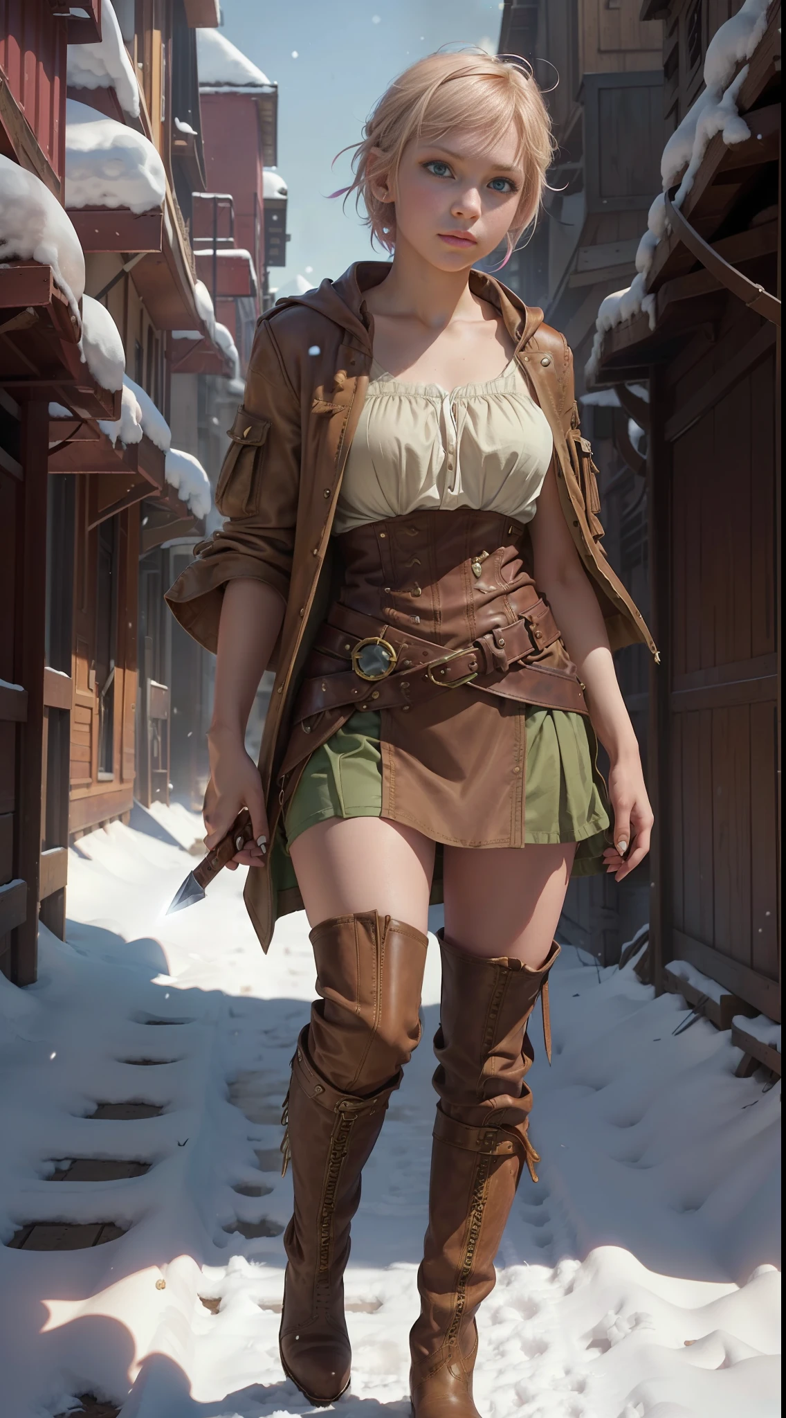 A beautiful young girl, (((solo)))), (18 years old, pink skin, green eyes, short light blonde hair), (wears a short simple dress, a cargo pants, with a leather boot and a brown robe), (there are several daggers tucked away in a girdle), she is in a steampunk town, snowing
