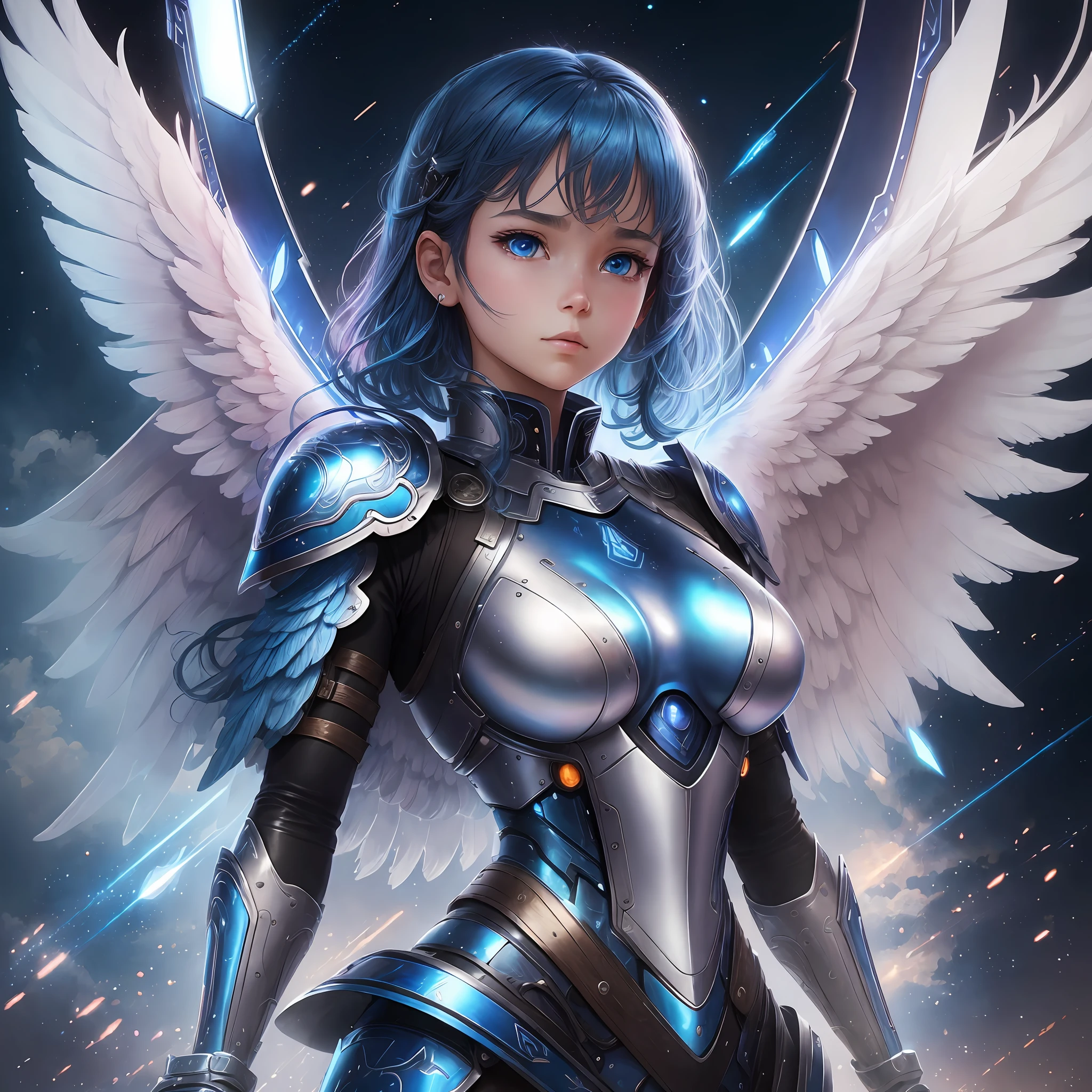 hand-drawn! by kai! Blue ray! angel wings, iridescent! Closeup! dark blue hair, cloud background, masterpiece, cyborg, 22-year-old female, by Franois Quesnel, best quality, epic, cinematic! Sharp focus, 8K, extremely detailed swords! Realistic photo, swords! brunette, excellent, extreme details, scifi body suit collar, by mike winkelmann beeple, style of Artgerm and WLOP and Ilya Kuvshinov, remarkable (pink-faced war painting: 1.2) wanostyle mksk feminine style wearing full body multiple layers sewn (leather armor, angel blue wings! blue eyes, white metal body! on saturated, fabric with intricate pattern: 1.3) --auto --s2