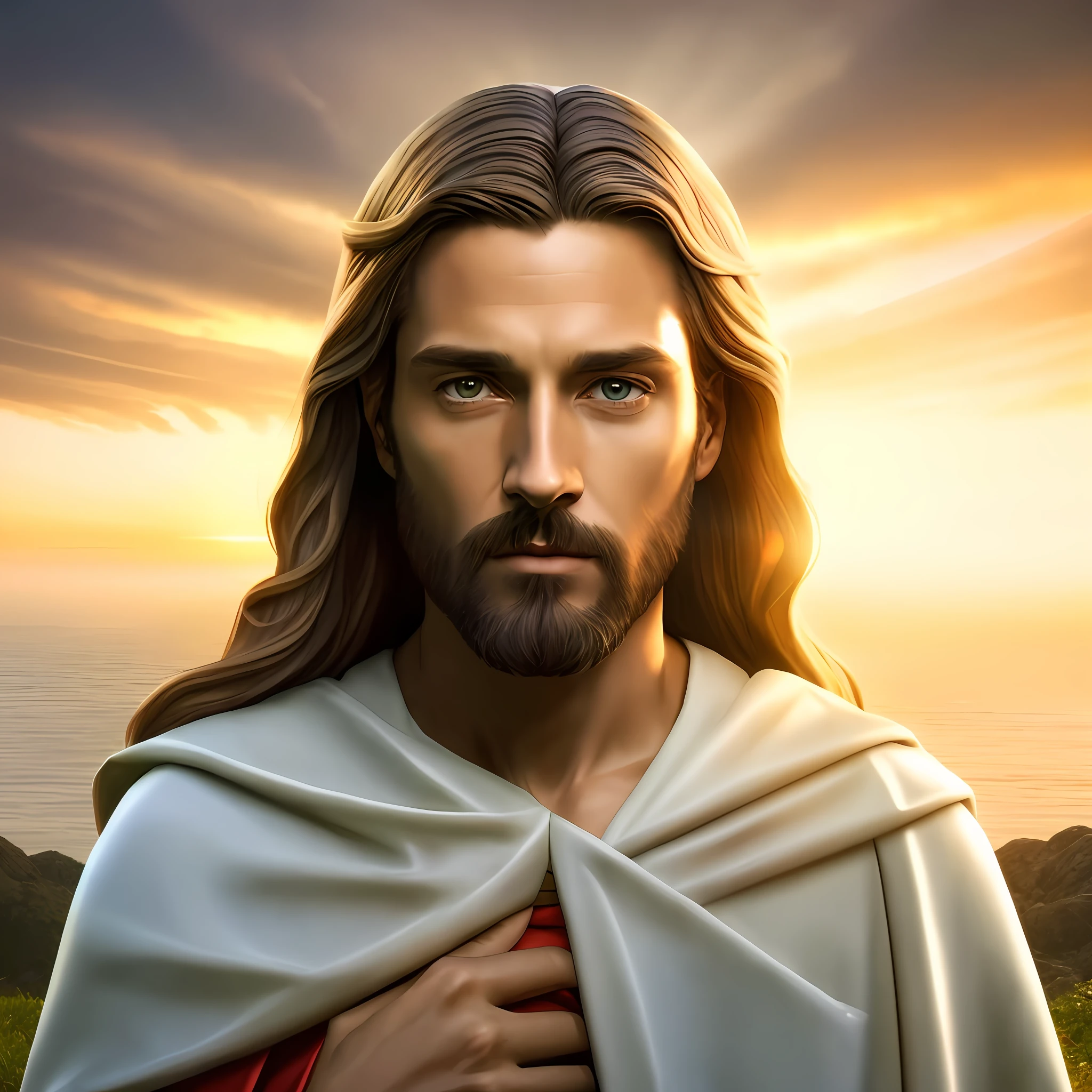 jesus is standing in front of a sunset with a cape over his shoulders, jesus christ, portrait of jesus christ, jesus face, dressed like jesus christ, jesus, greg olsen, jesus of nazareth, sakimi, jesus christ in mass effect, gigachad jesus, bright light masterpiece, tron legacy jesus christ, the lord and savior, young almighty god, beautiful man