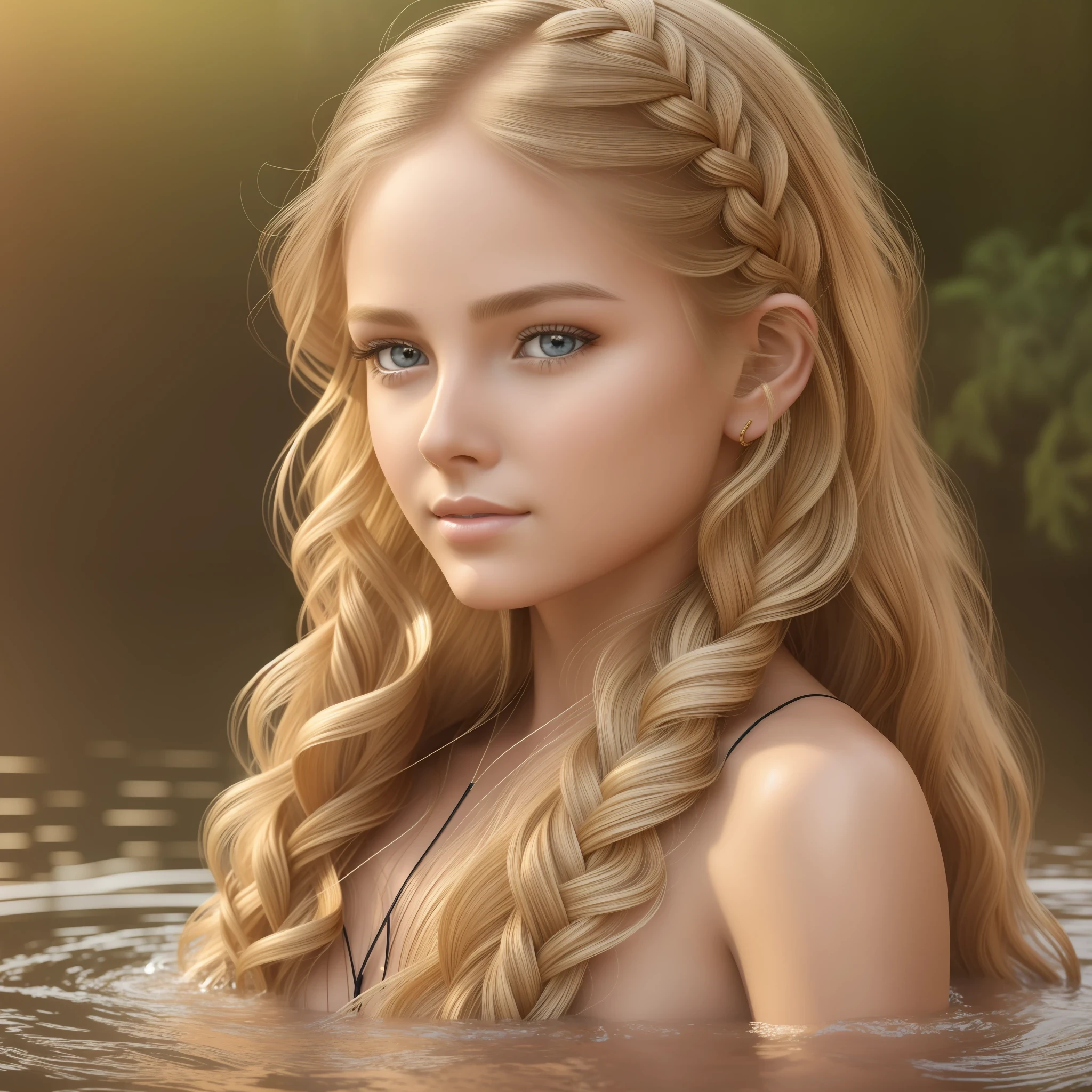 ,, 1girl, 16k, best lighting, best quality, ultra high resolution, skin pores, ultra detailed face and eyes, (photorealistic: 1.4), best quality, 12 years, small breasts, narrow waist, beautiful and detailed eyes, light on face, standing, (full_body: 1.2), long legs, masterpiece, a young dreamer, golden hair,bathing, twin braid, looking at the viewer, highly intricate,  highly detailed, photorealistic style --auto --s2
