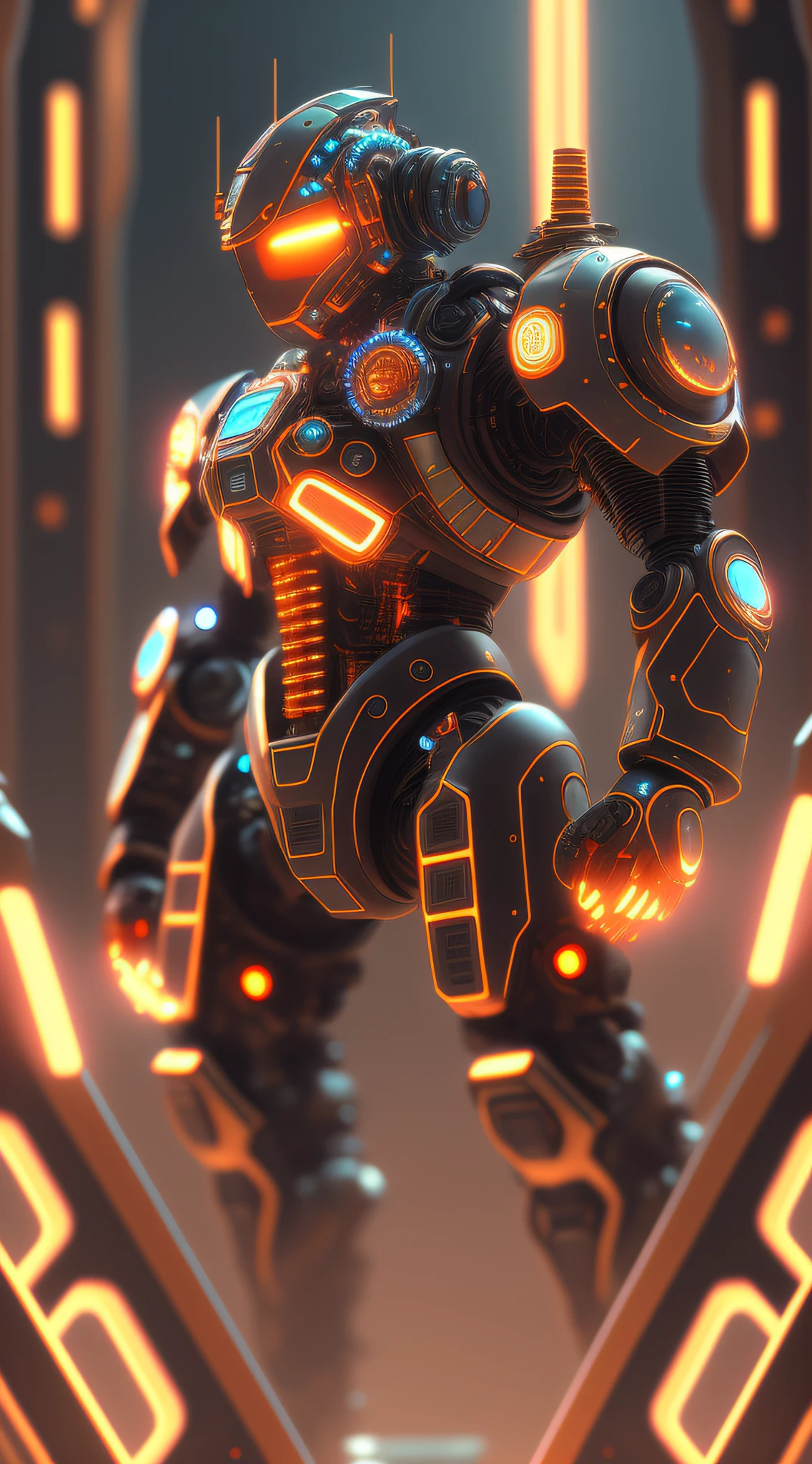 there is a robot that is standing in a futuristic space, intricate glowing mecha armor, beautiful robot character design, cyber steampunk 8 k 3 d, 4k highly detailed digital art, 3 d render stylized, ultra detailed game art, 4k detailed digital art, cybernetic fire armor, cyber suit, detailed cosmic angelic robot, glowing lights in armor