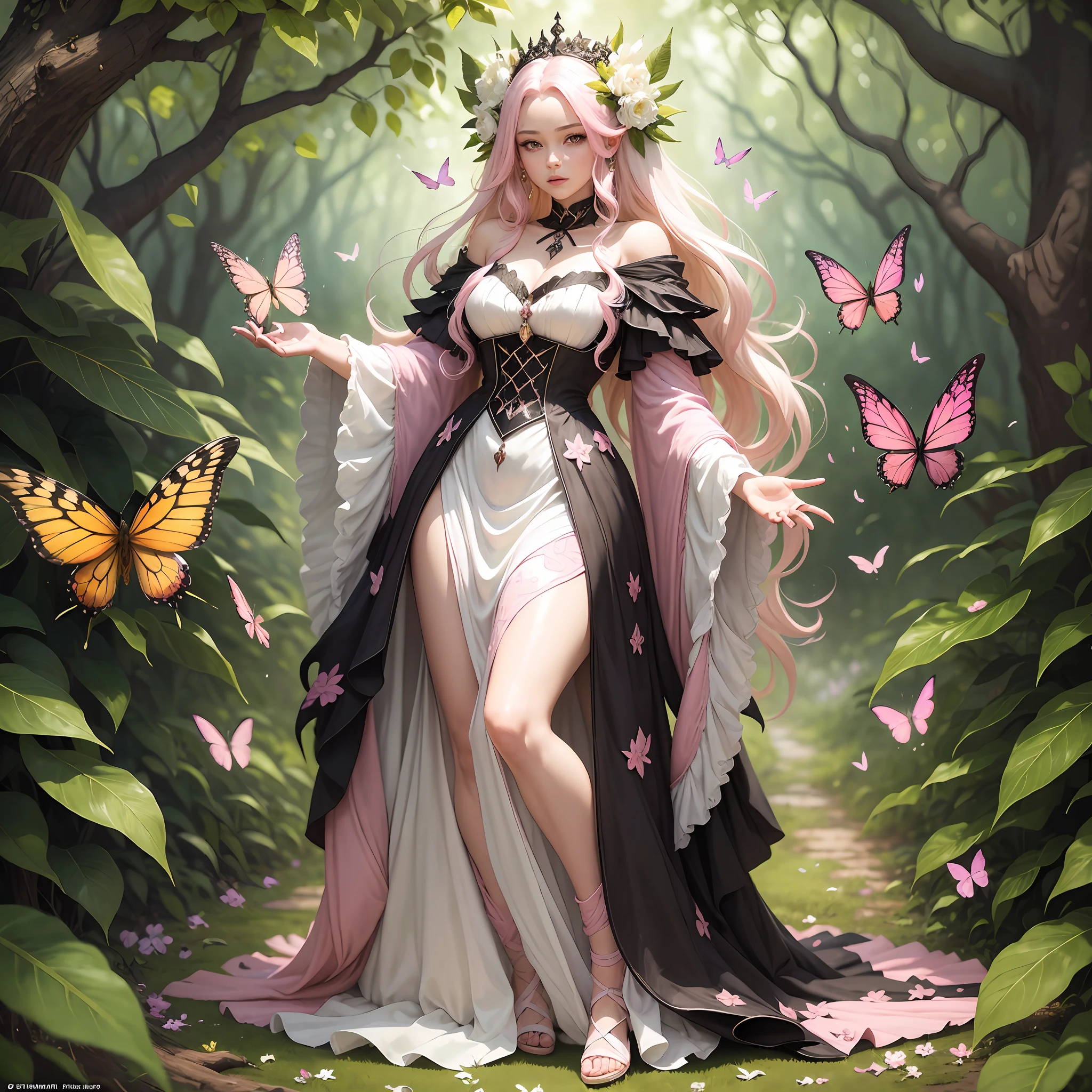 "A magical and enchanting scene that represents the connection with nature and magic. The blonde woman with hair (((short))) is led down a path of yellow butterflies and a black caterpillar, symbolizing transformation and metamorphosis. Meanwhile, the woman OF FINE FEATURES PINK MOUTH WHITE SKIN with long black hair, dressed as a witch (((WHITE DRESS,))) stands near a tree native to Brazil, the guava, conjuring a spell. The image should be in shades of green, ama (((WHITE))) LIPS((( PINK )))relo and white, with a touch of magic and mystery. The guava tree should be represented in detail, with its lush foliage and ripe fruits, symbolizing fertility and abundance."  = --auto --s2