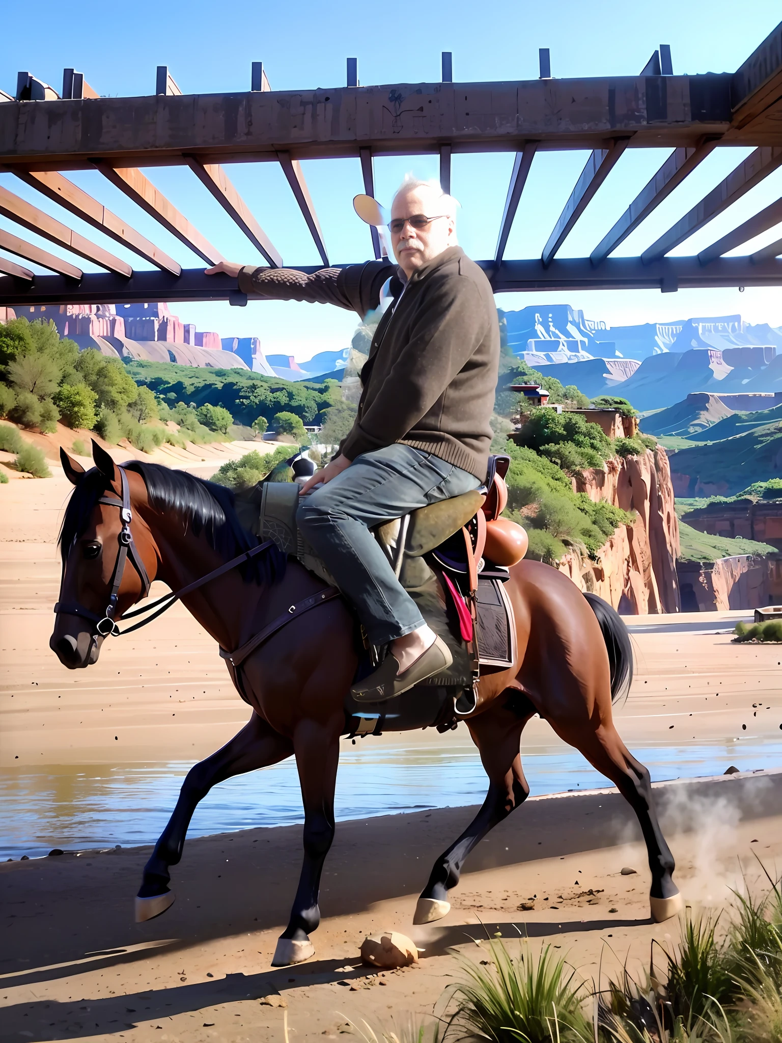 riding on a horse, cowboy riding on a horse, with Grand Canyon in the background, with el canion del colorado in the background, driven by horse, horse on top, with a city from the Wild West background, western, very coherent
