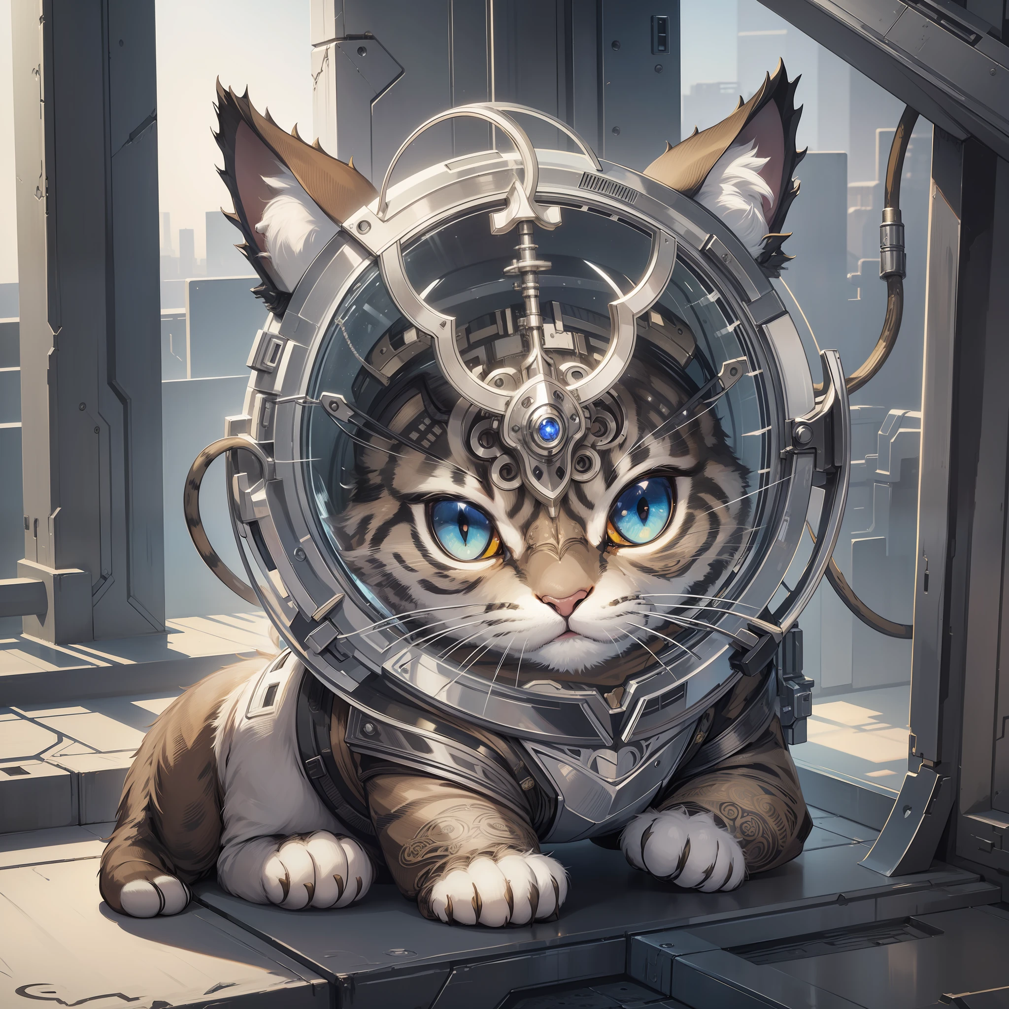 A cute kitten made of metal, (cyborg:1.1), ([tail|detailed wire]:1.3), (intricate detail), hdr, (intricate detail, hyperdetailed:1.2), cine footage, halo shadow, centered
