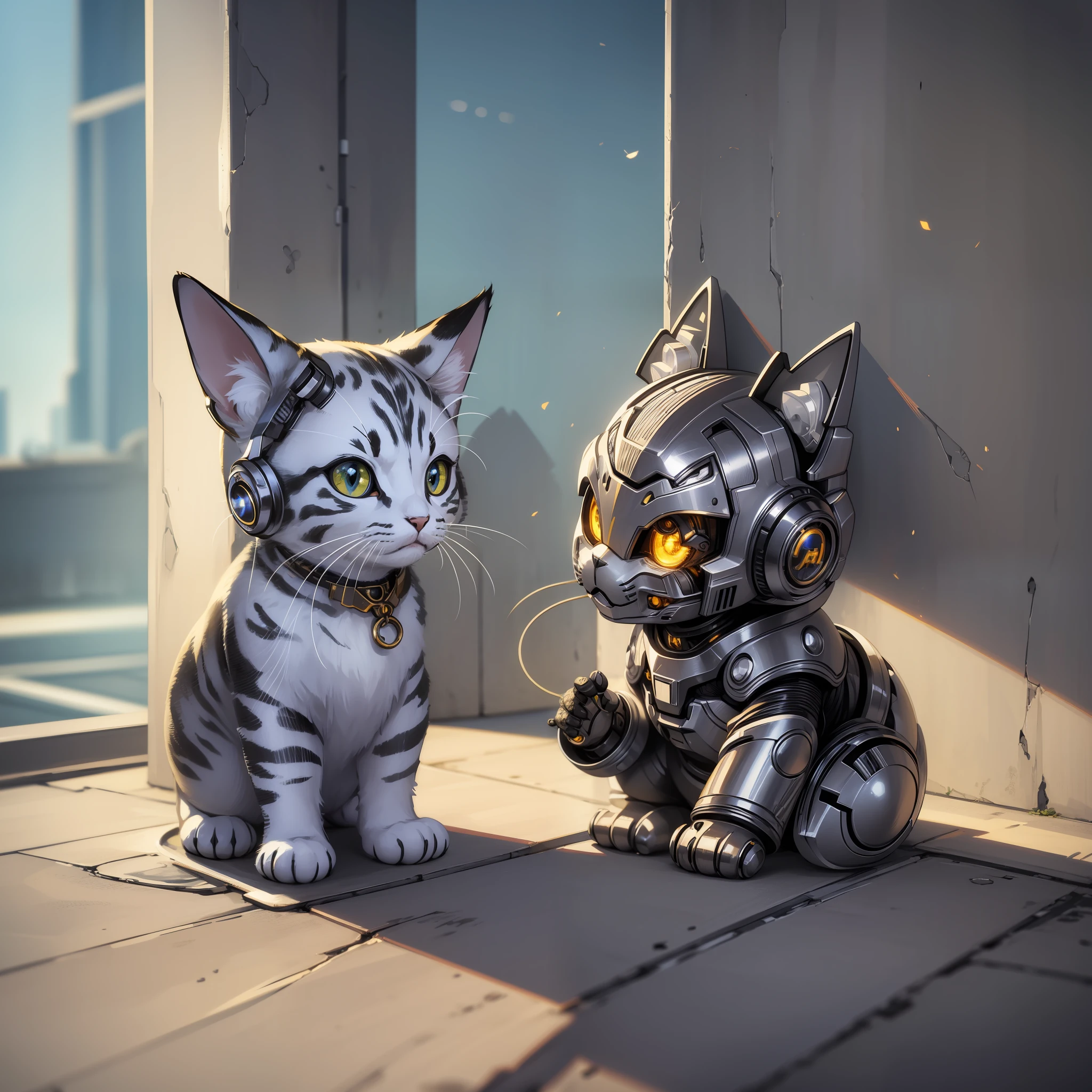 A cute kitten made of metal, (cyborg:1.1), ([tail|detailed wire]:1.3), (intricate detail), hdr, (intricate detail, hyperdetailed:1.2), cine footage, halo shadow, centered