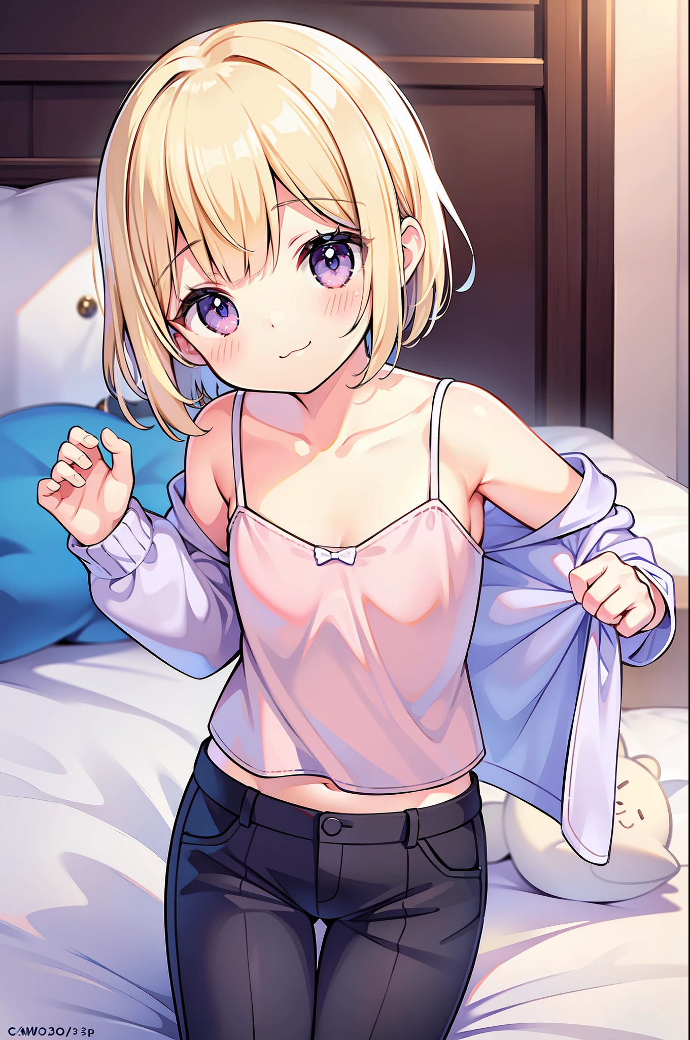 Infant figure, shorthair, blonde, light purple eyes, smile,: 3, camisole, trousers, sleeping on bed