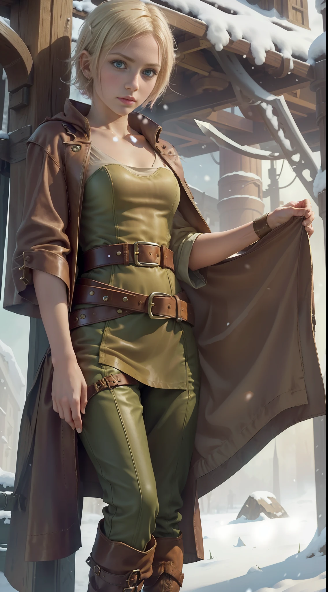 A beautiful young girl, (((solo)))), (18 years old, pink skin, green eyes, short light blonde hair), (wears a short simple dress, with a pair of pants underneath, with a leather boot and a brown robe), (there are several daggers tucked away in a strap), she is in a steampunk town, snowing, close up