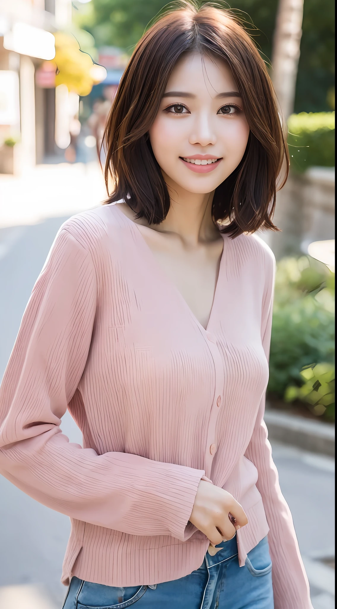 ((Top Quality, 8k, Masterpiece: 1.3)), Sharp Focus: 1.2, Perfect Body Shape Pretty Woman: 1.4, Slender Abs: 1.2, (Layered Haircut, Big: 1.8), (Light Pink Shirt: 2.0), (Walk: 1.8), (Street: 1.2), Highly Detailed Face and Skin Texture, Detailed Eyes, Double Eyelids, Smile, Bokeh,