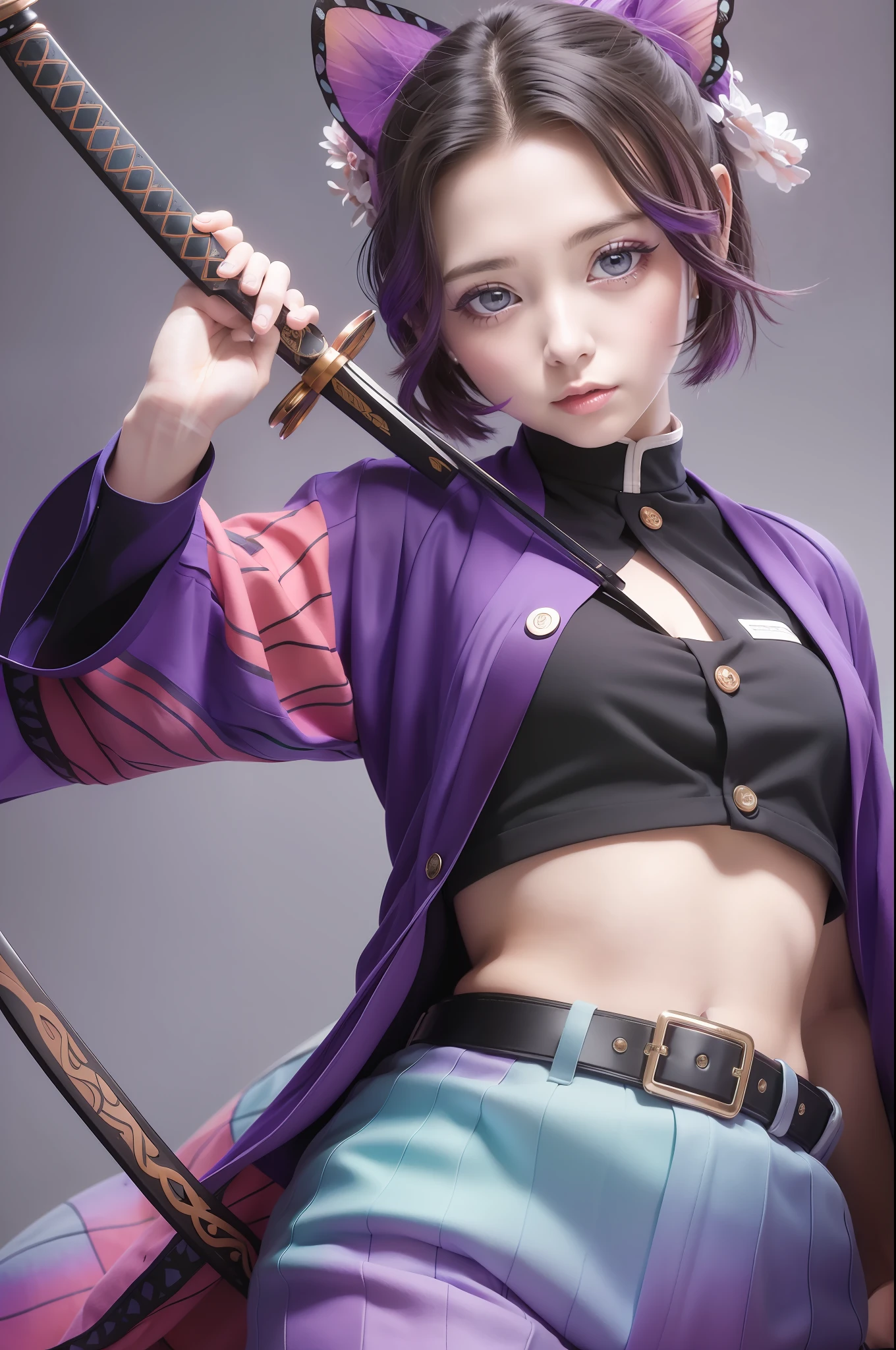 masterpiece, best quality, highres, 1girl, solo, kochou shinobu, butterfly hair ornament, purple eyes, multicolored hair, short hair, parted bangs, haori, wide sleeves, long sleeves, black pants, black jacket, belt, cowboy shot, holding weapon, sword