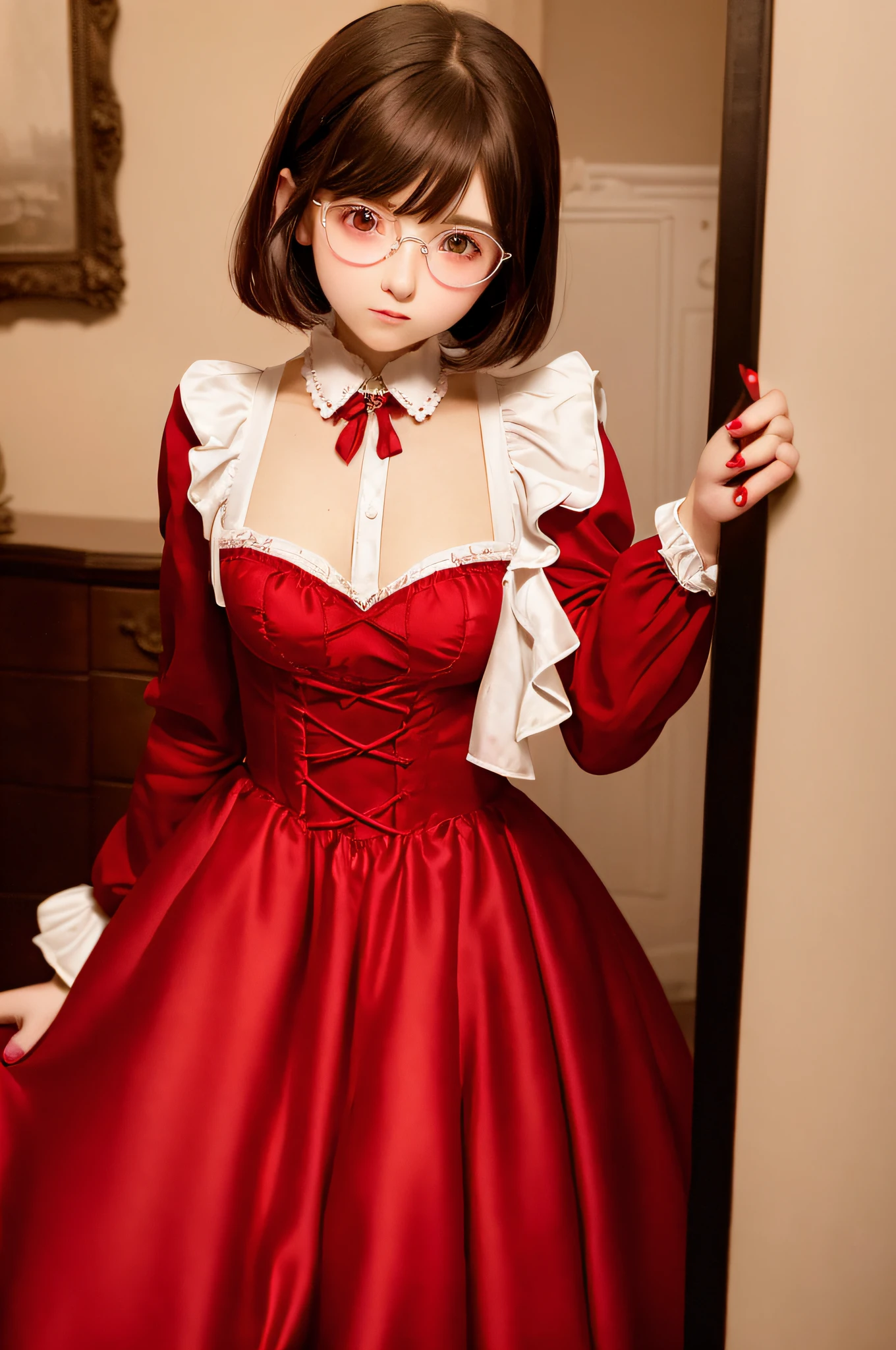 18-year-old female Lolita fashion, red fabric, lolita fashion, overly glamorous, bulging skirt, girlish orientation, breast size D cup, Boston-style glasses, brown hair, bob hair, castle guest room