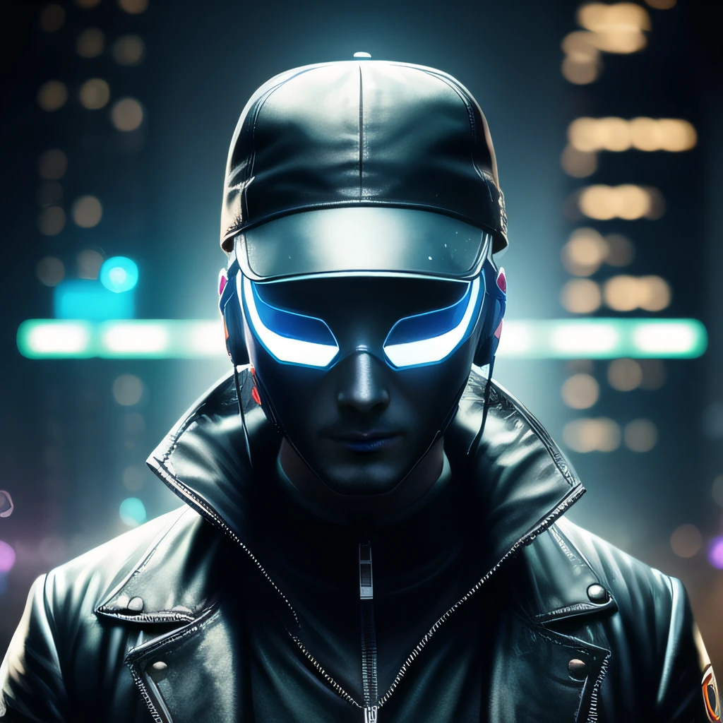 Men, cyberpunk, Wearing a hat., Wearing a mask., Code, world from digital symbols, matrix style, Dark background, Surrealism, cinematic lighting, projected inset, UHD, super detail, best quality