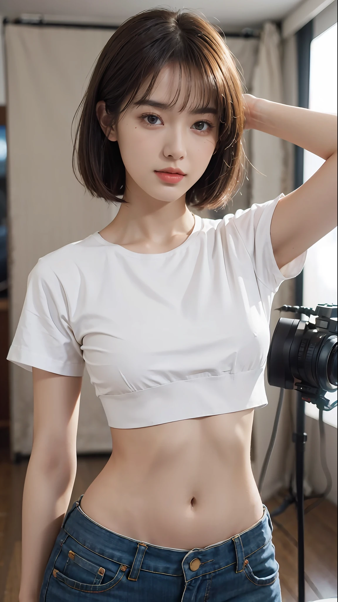 (Original photo: 1.2), (Realistic: 1.4), (Masterpiece: 1.3), (Best quality: 1.4), Dreamy, (detailed eyes), (detailed facial features), (detailed clothing features), Skin tightness, (Shiny skin), (Slim Girl), (Slim Girl), (Slim Girl), 1 Girl, Veronica Code, Solo, Cute, Bangs, Short brown hair, Black eyes, (??????????????), ((Shirt)), Dynamic pose, (Kodak Film Color) ((Camera not visible)) ((White Studio) (Studio Light) ,(crop top:1.4)