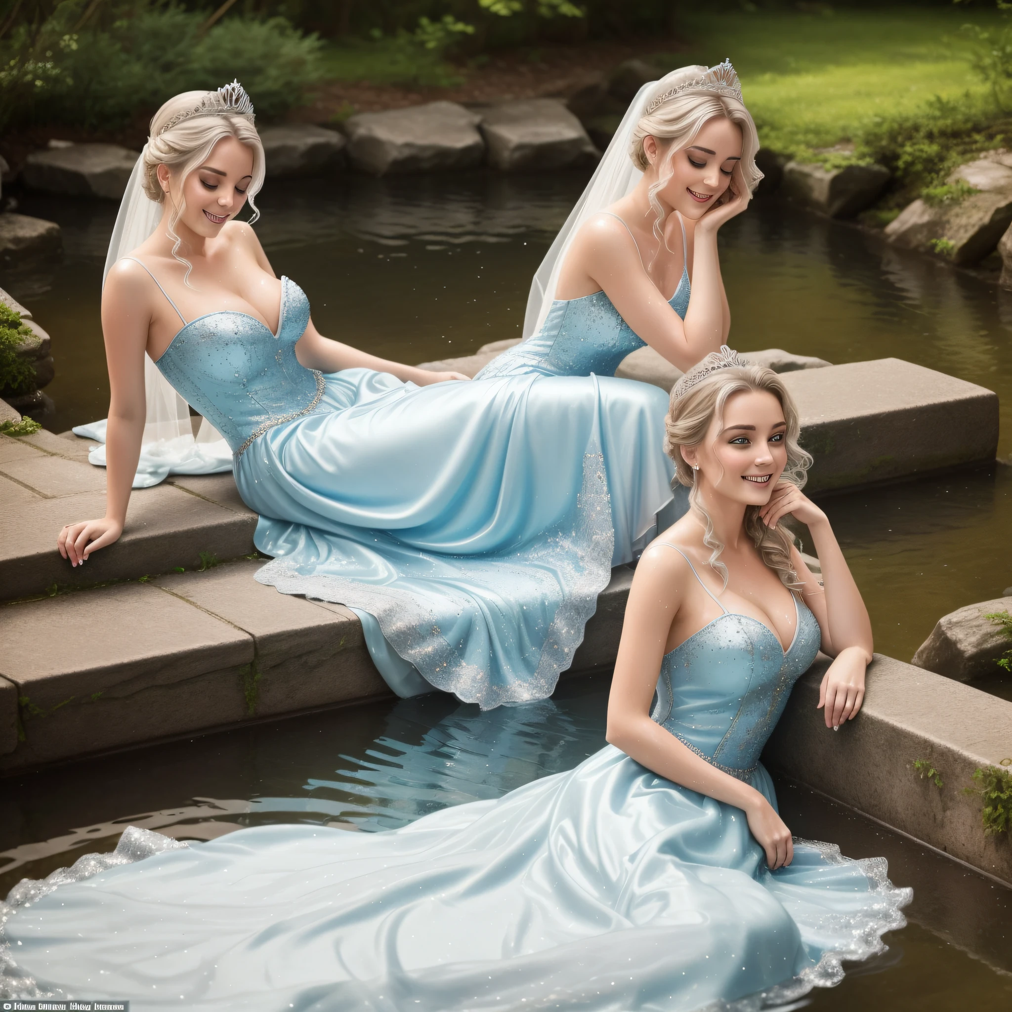 (wet hair 0.9) Cinderella eagerly put on the beautiful silver ballgown, slipped on the delicate, long, white gloves and the shimmering silver stilettos, and placed the sparkling tiara atop her immaculate updo. She also adorned herself with the beautiful jewelry. Once she was fully dressed, Cinderella took a deep breath and dove into the lake with abandon. She splashed around in the water, feeling it spray against her skin and soak into her gown. Now completely drenched, her gown stained and ruined, Cinderella lay back in the water, a happy smile on her face.