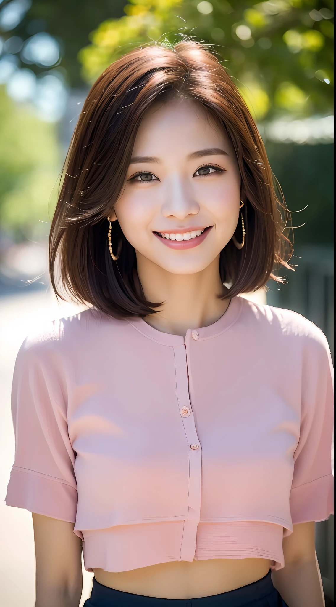 ((Top Quality, 8k, Masterpiece: 1.3)), Sharp Focus: 1.2, Perfect Body Shape Pretty Woman: 1.4, Slender Abs: 1.2, (Layered Haircut, Big: 1.8), (Light Pink Shirt: 2.0), (Walk: 1.8), (Street: 1.2), Highly Detailed Face and Skin Texture, Detailed Eyes, Double Eyelids, Smile, Bokeh,