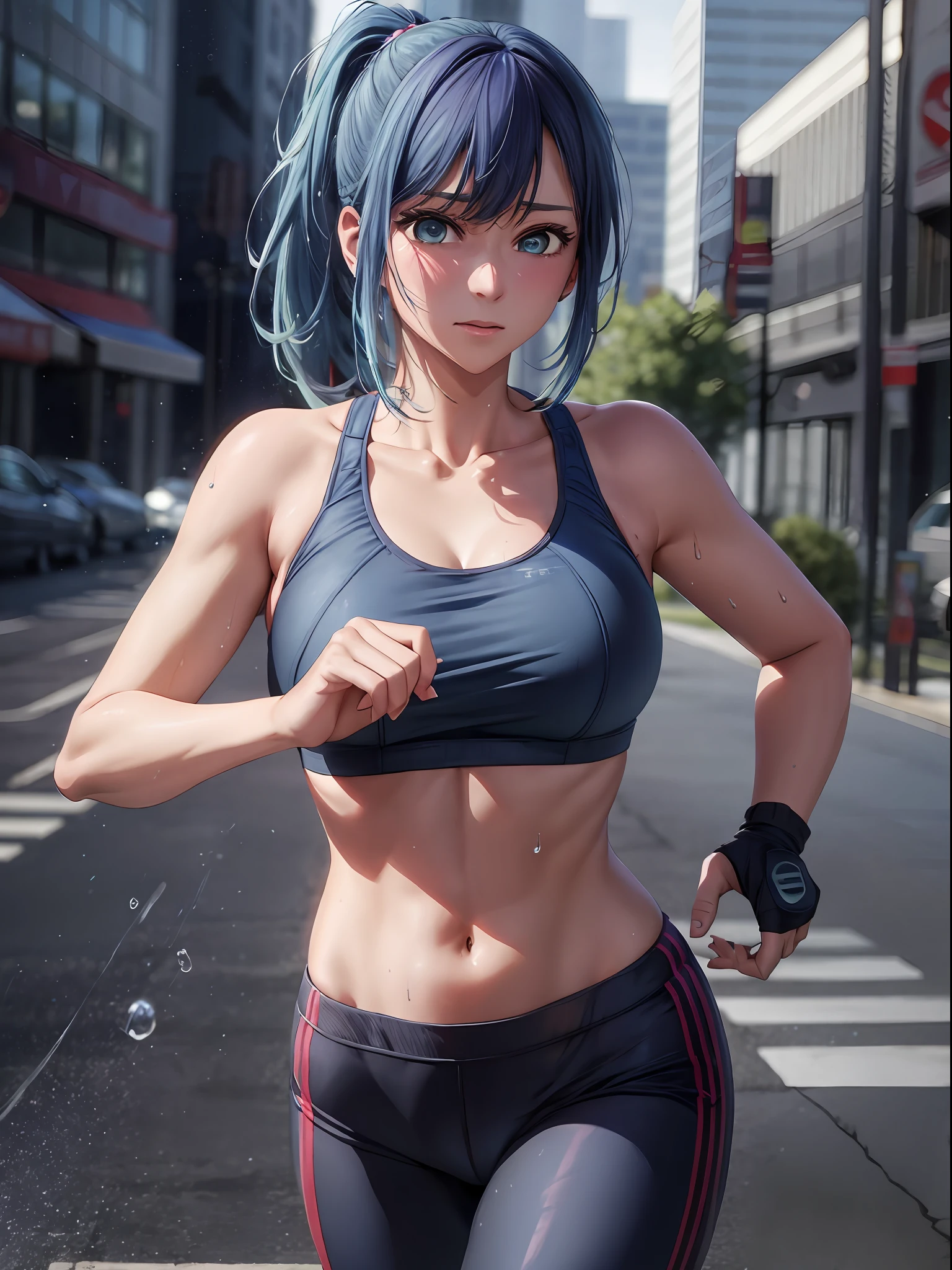 Akane, Blue hair, blue eyes, middle breasts, wet skin, white sports bra, raining, black sports pants, serious look, running, jogging, city, realistic, 3d, cg, side view, ponytail
