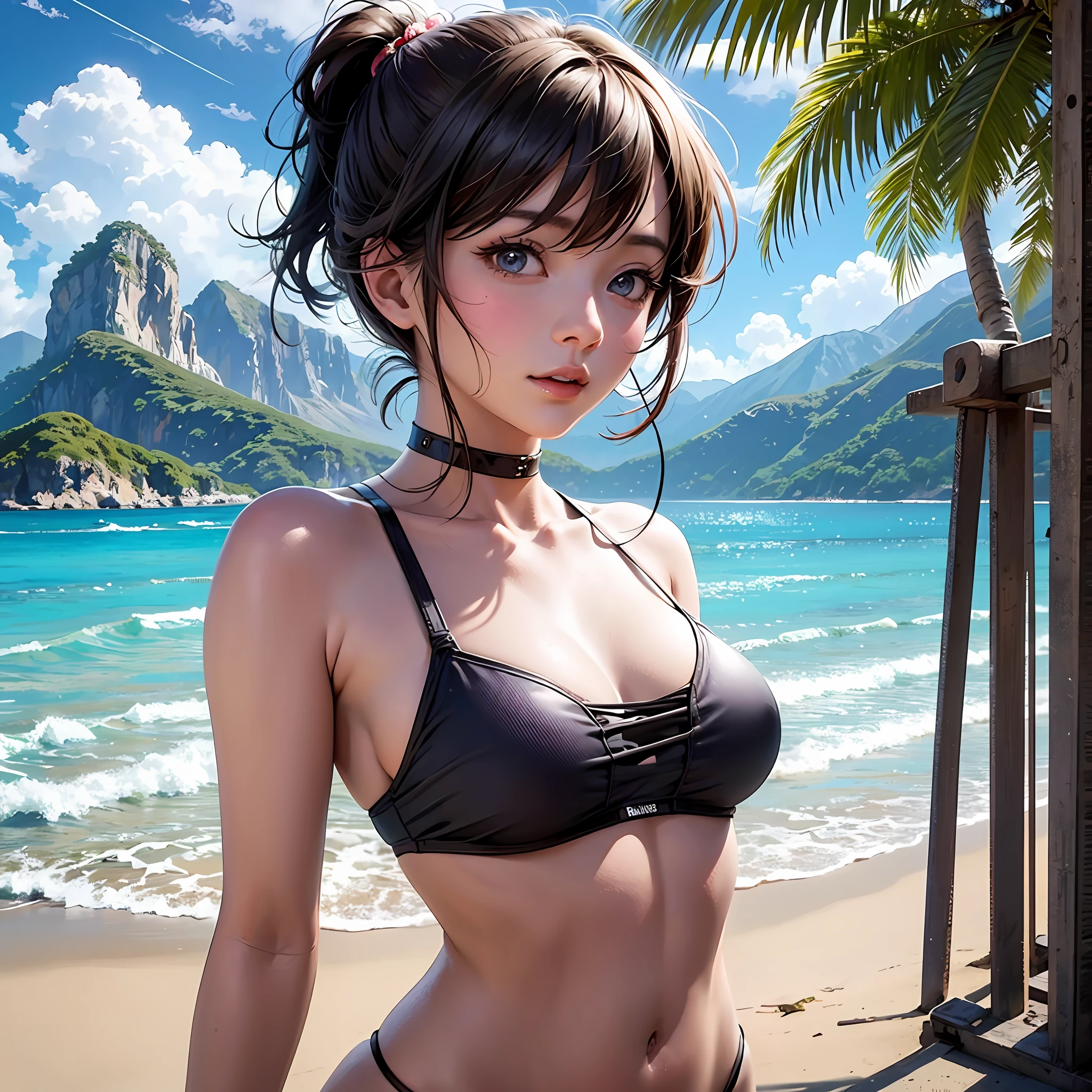 Standing on the beach taking selfie, posing on the beach with the sea, against the background of the mountains, real photo, on a tropical beach, standing near the beach, 30 year old woman of Keiko Kitagawa in a closed swimsuit, having a lot of fun, mountain in the background, mountain in the background, beach in the background, mountain in the background, mountains in the background, anime, realistic animation style, --auto --s2