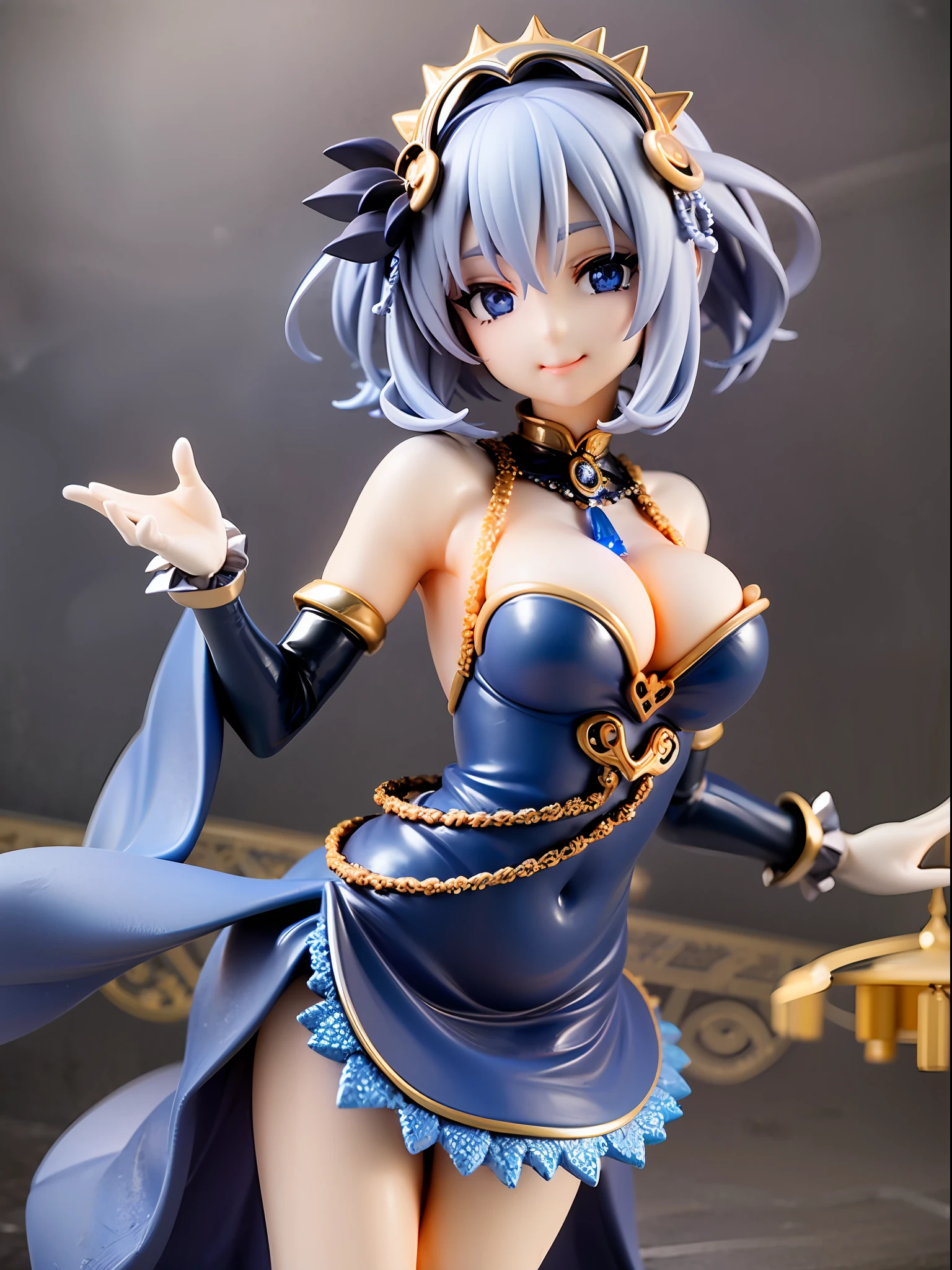 Midnight blue, silver, dancing girl, happy smiling face, twinkling beautiful dark blue eyes, closed mouth, wearing knee-length flapper dress with silver fringes, beaded decorations on chest and cuffs, large feather decoration on neck, black short curly bob hair, stepping forward and dancing under moonlight, city lit by moonlight,