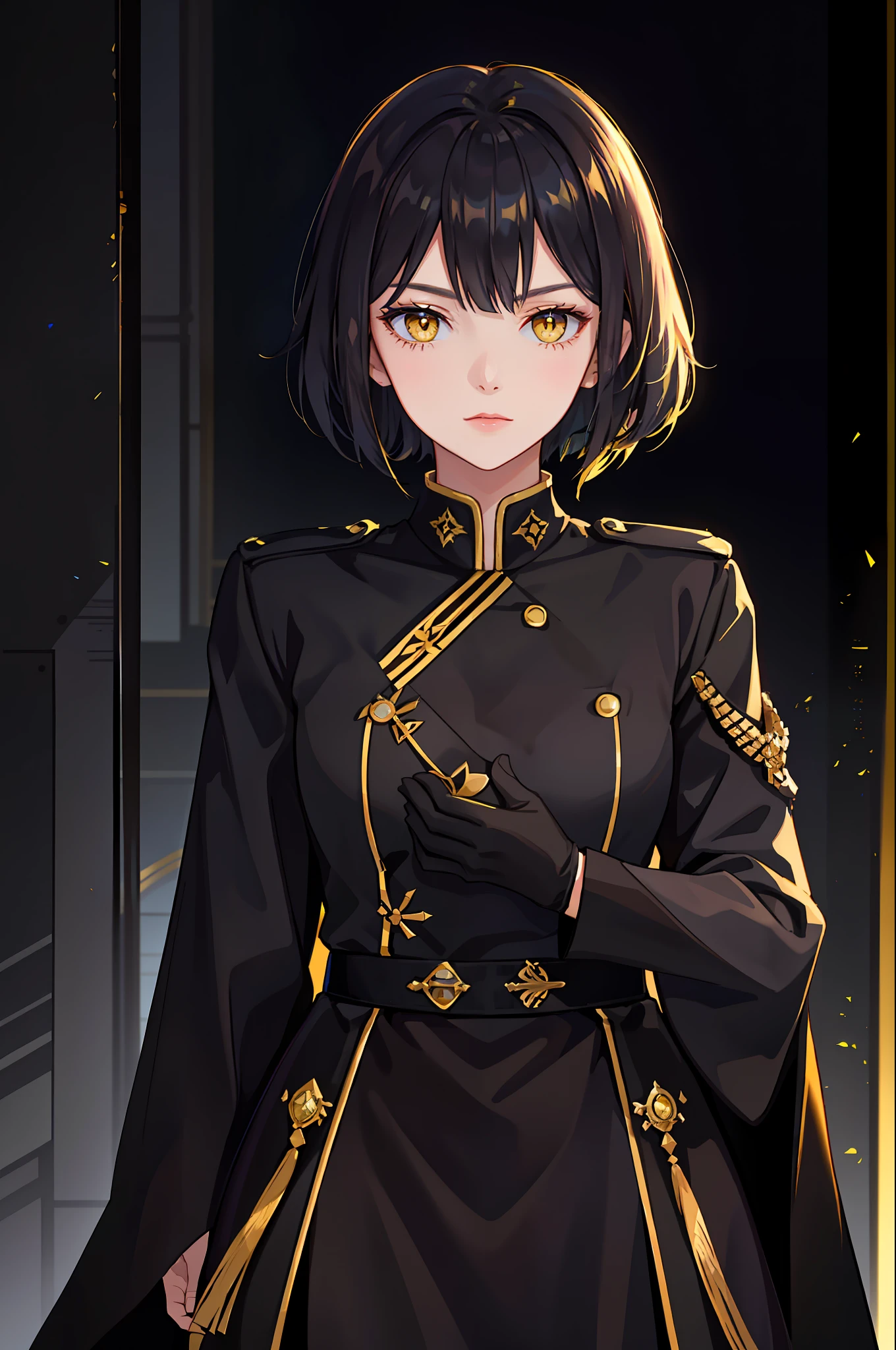 Portrait of a beautiful young woman, villain, yellow eyes, black short hair, square, black general's uniform, empire