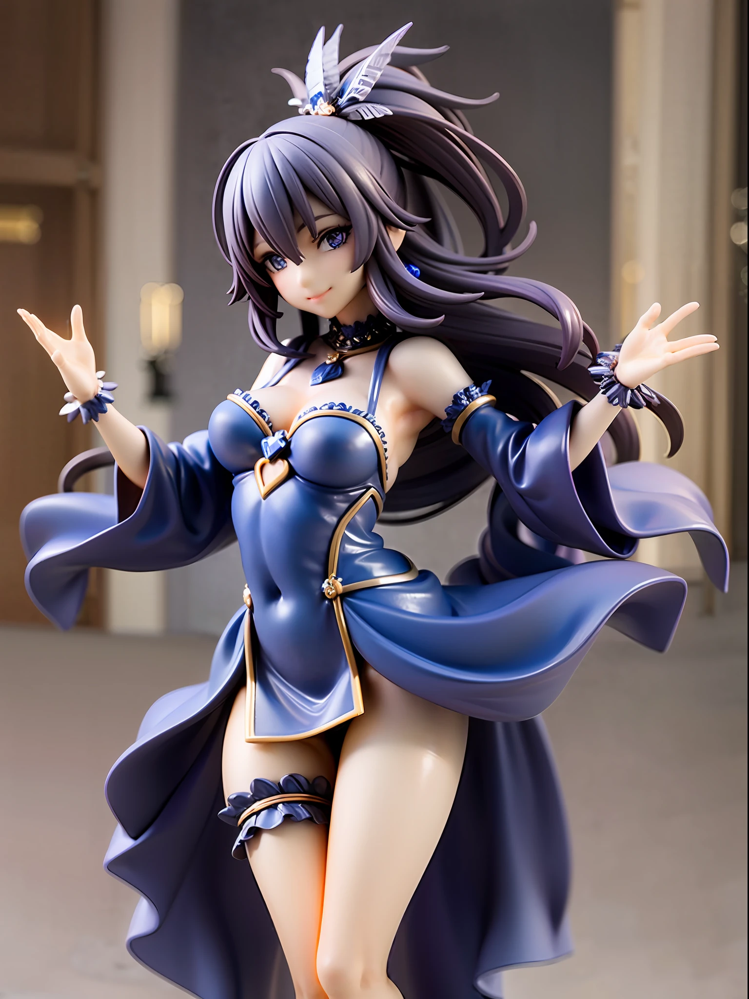 Midnight blue, silver, dancing girl, happy smiling face, twinkling beautiful dark blue eyes, closed mouth, wearing knee-length flapper dress with silver fringes, beaded decorations on chest and cuffs, large feather decoration on neck, black short curly bob hair, stepping forward and dancing under moonlight, city lit by moonlight,