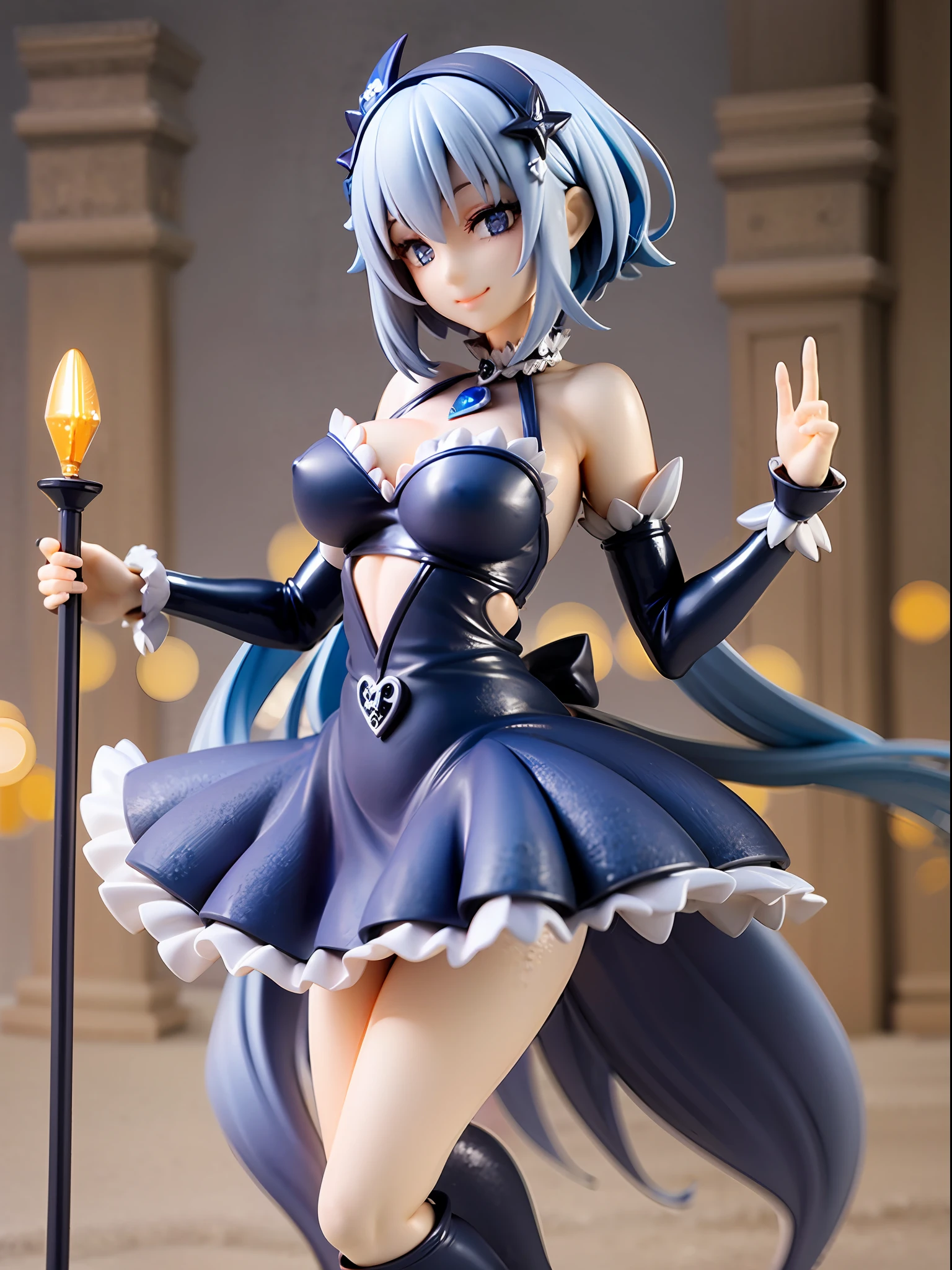 Midnight blue, silver, dancing girl, happy smiling face, twinkling beautiful dark blue eyes, closed mouth, wearing knee-length flapper dress with silver fringes, beaded decorations on chest and cuffs, large feather decoration on neck, black short curly bob hair, stepping forward and dancing under moonlight, city lit by moonlight,