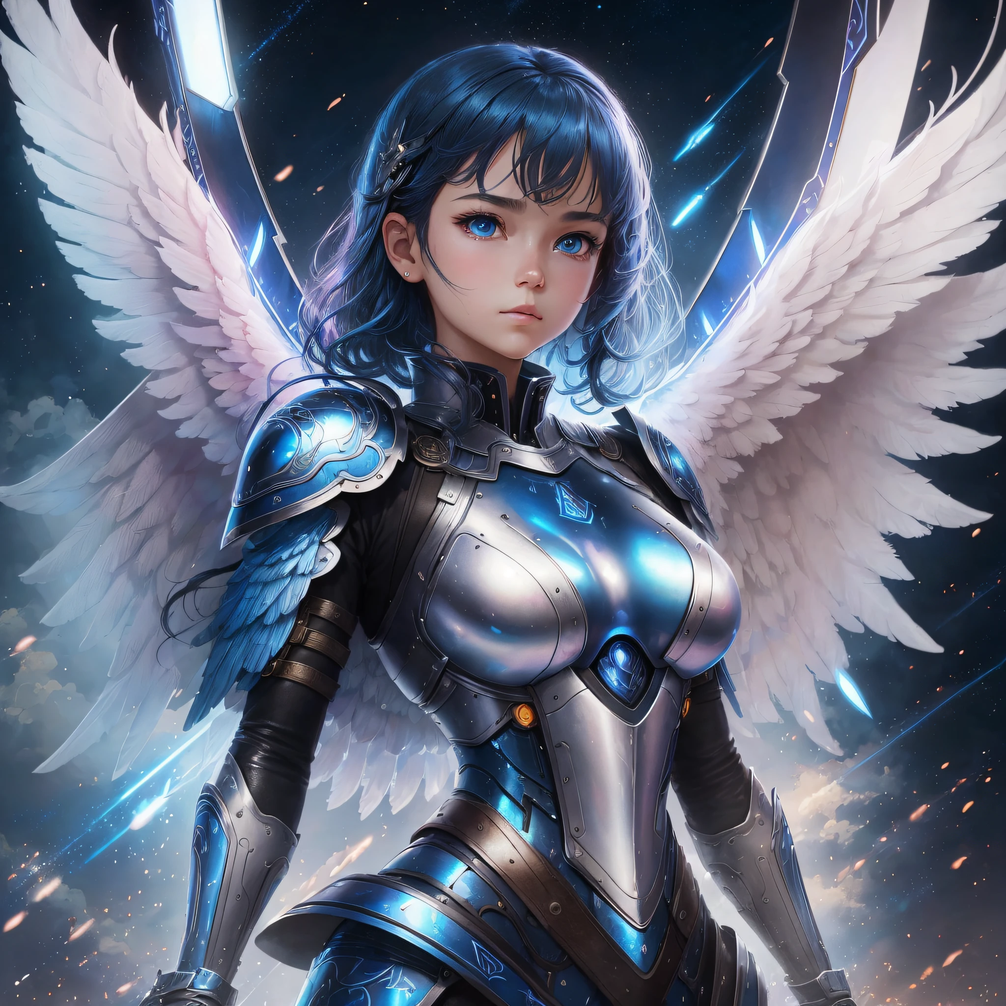 hand-drawn! by kai! Blue ray! angel wings, black! Iridescent! Closeup! dark blue hair, cloud background, masterpiece, , 22-year-old female, by Franois Quesnel, best quality, epic, cinematic! Sharp focus, 8K, extremely detailed swords! Realistic photo, swords! brunette, excellent, extreme details, scifi body suit collar, by mike winkelmann beeple, style of Artgerm and WLOP and Ilya Kuvshinov, remarkable (pink-faced war painting: 1.2) wanostyle mksk feminine style wearing full body multiple layers sewn (leather armor, angel blue wings! blue eyes, white metal body! on saturated, fabric with intricate pattern:  1.3) --auto --s2