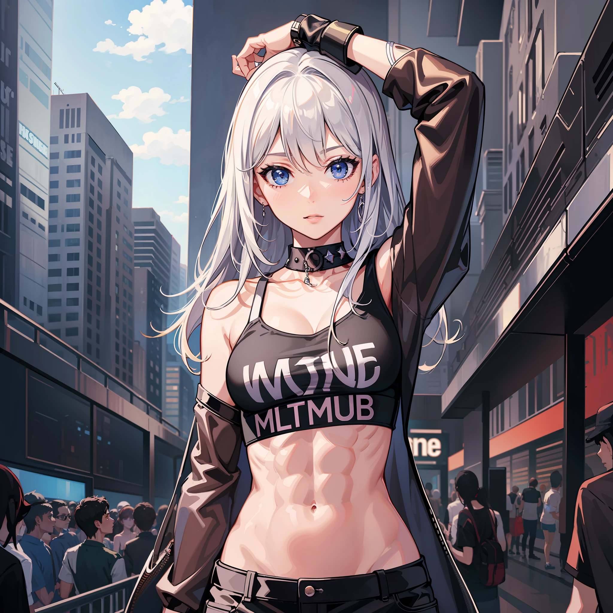 cmodel, digital illustration, (masterpiece:1.2), (high quality:1.2), (nightclub:1.3), beautiful girl lost in the crowd, streetwear, skinny, (abs:1.2), (bloom:1.2),