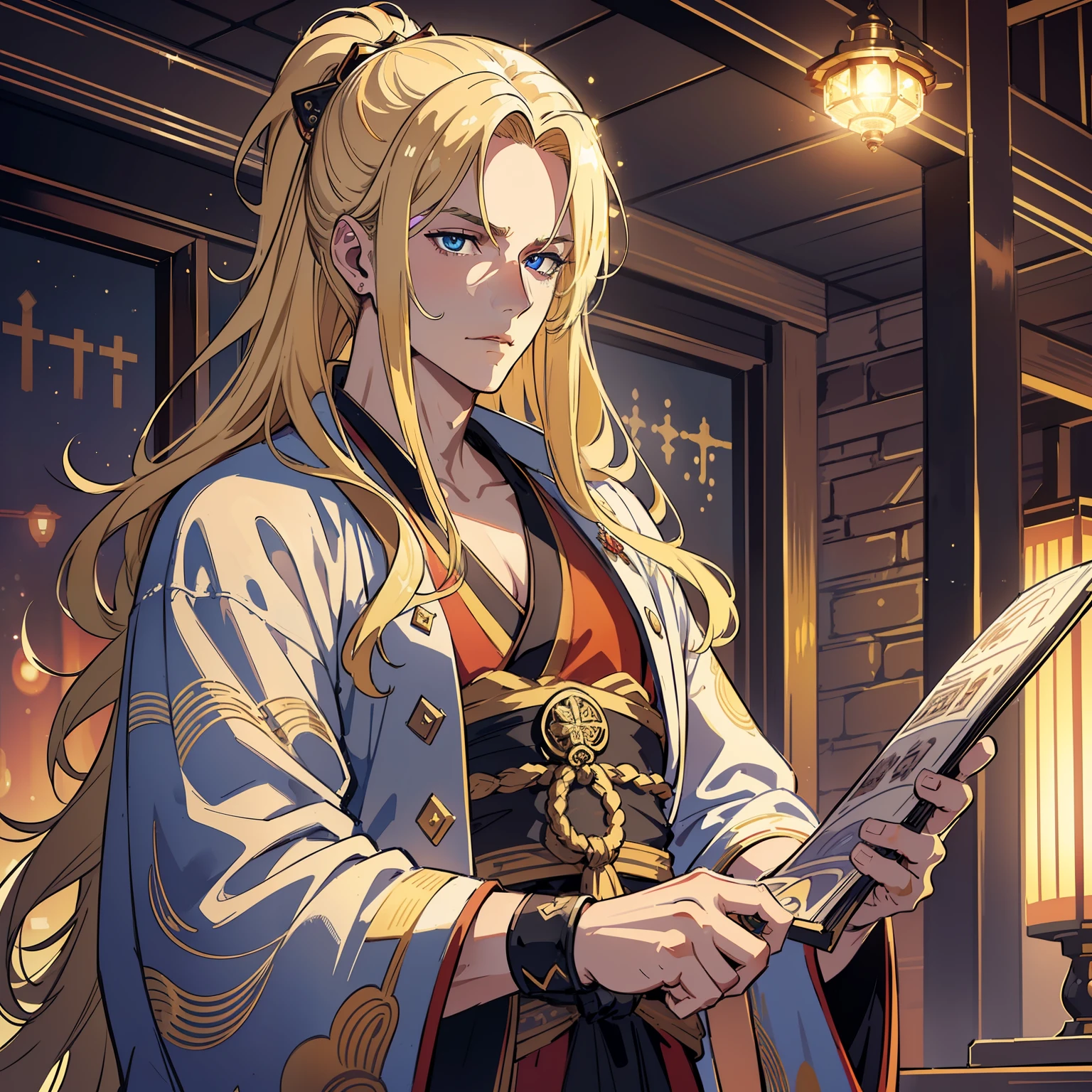 (best quality), (best lighting), (best artist), (best desinger), (extremely detailed 8k CG unit wallpaper), (extremely detailed eyes), (a man), manly, handsome, (extremely detailed, sparkling, shiny, incandescent eyes:1.2), long blonde hair, wearing antique samurai robes, backdrop of ancient place, desert, obscure, artistic cinematic lighting of paramount cinema