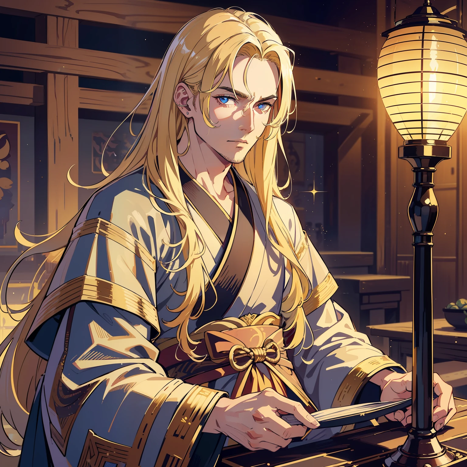(best quality), (best lighting), (best artist), (best desinger), (extremely detailed 8k CG unit wallpaper), (extremely detailed eyes), (a man), manly, handsome, (extremely detailed, sparkling, shiny, incandescent eyes:1.2), long blonde hair, wearing antique samurai robes, backdrop of ancient place, desert, obscure, artistic cinematic lighting of paramount cinema
