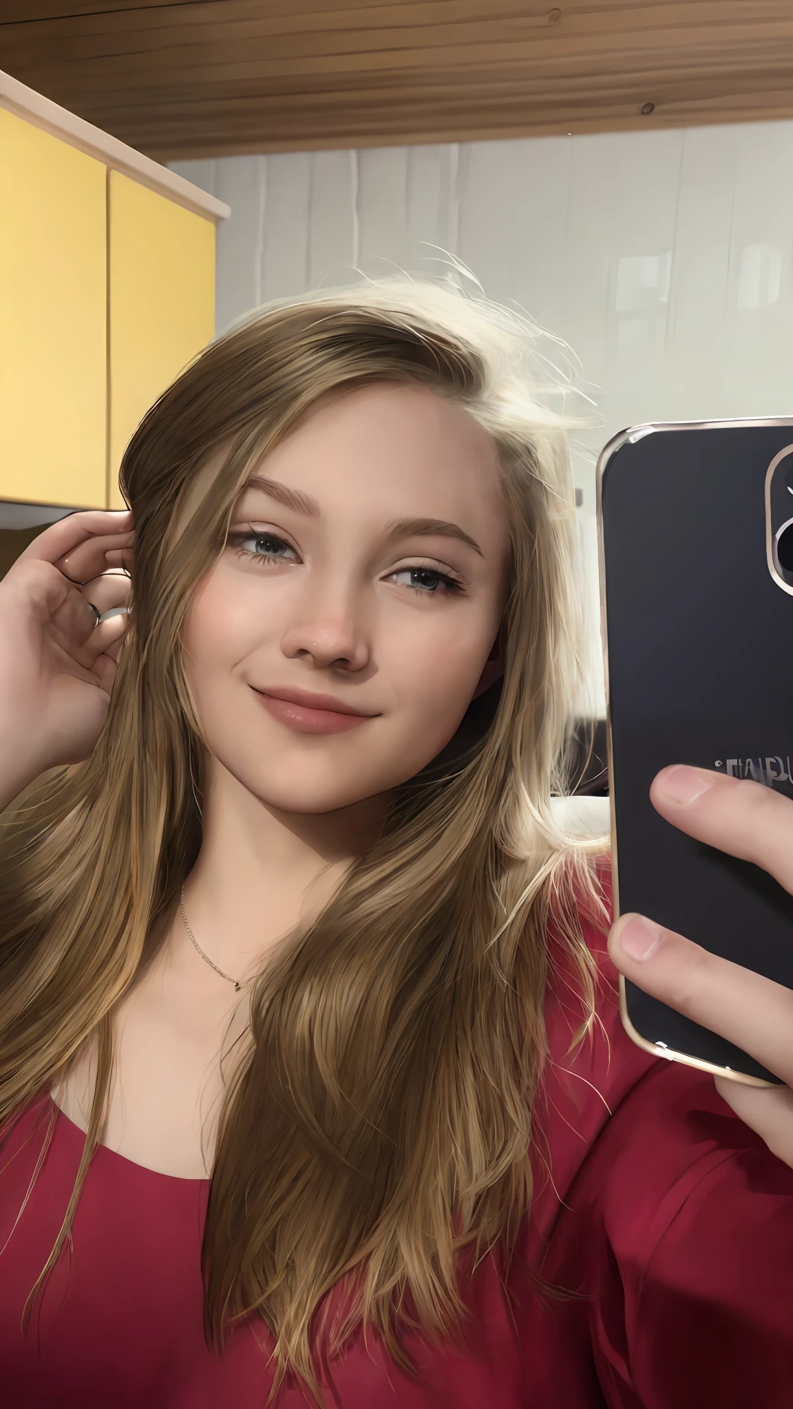 blond woman taking selfie with cell phone in kitchen with yellow cabinets, selfie of a young woman, 8k selfie photograph, selfie shot straight on angle, iphone selfie, headshot profile picture, taking a selfie, looking to the side off camera, perfectly lit face, 2 4 year old female model, very very low quality picture, 🤤 girl portrait, she has a cute face
