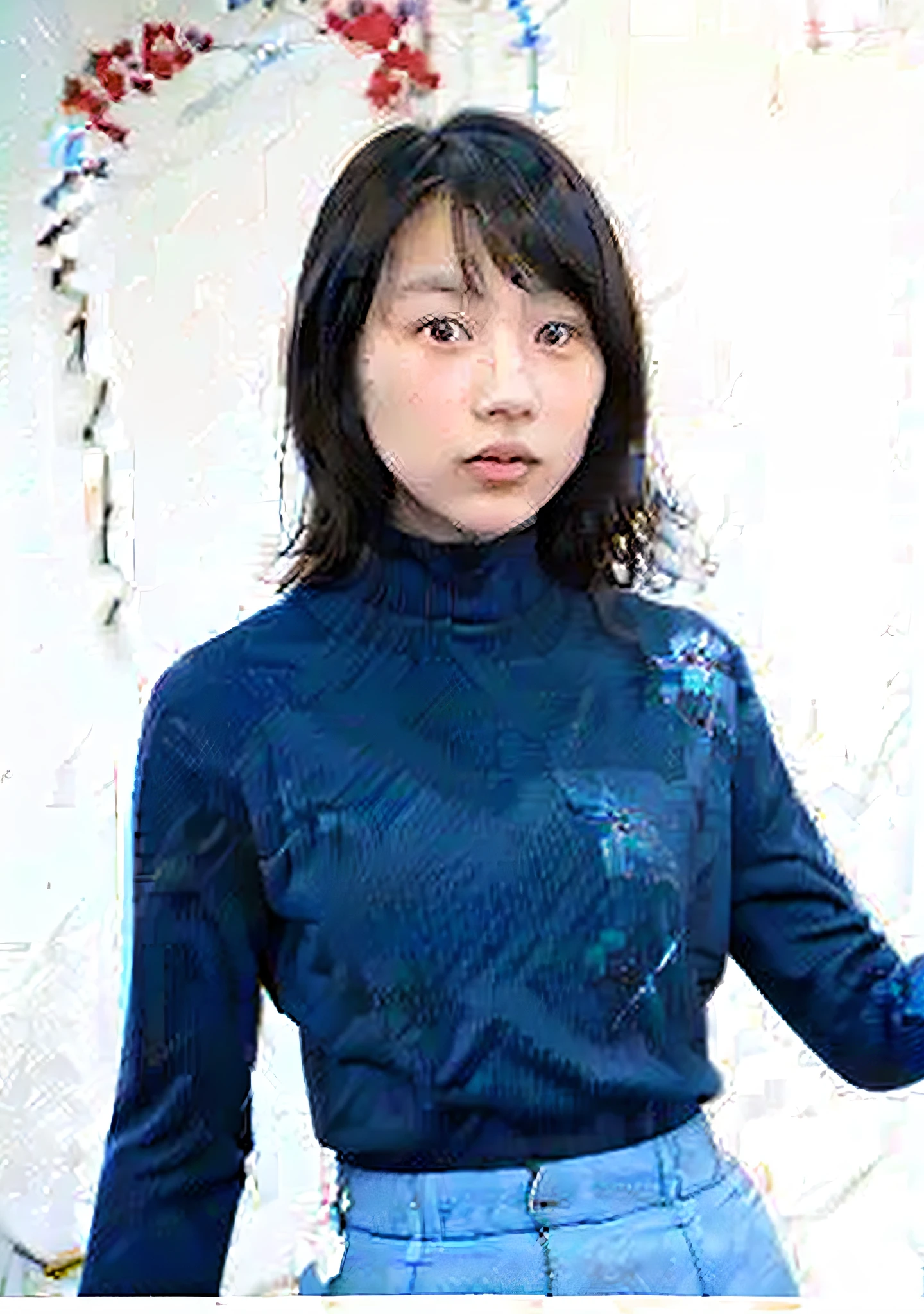 araffe woman in a blue turtle neck sweater posing for a picture, kimi takemura, deayami kojima, narumi kakinouchi, young pretty gravure idol, by Yasutomo Oka, young skinny gravure idol, 奈良美智, young sensual gravure idol, ayami kojima amano, harumi