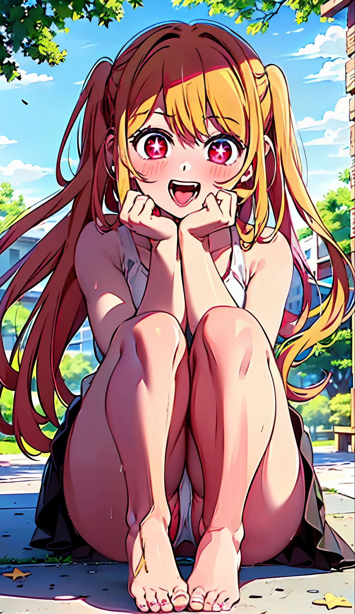 Ruby Hoshino, 1 girl, Solo, Ruby Hoshino, Symbol-shaped pupil, (Left star-shaped pupil:1.5), (Red eye, Left star:1.5), Symbol eye, Long hair, Blonde hair, Bangs, (Side ponytail:1.1), Barefoot, Sports bra, Panty shot, Sun through trees, forest, river, smile, open mouth,