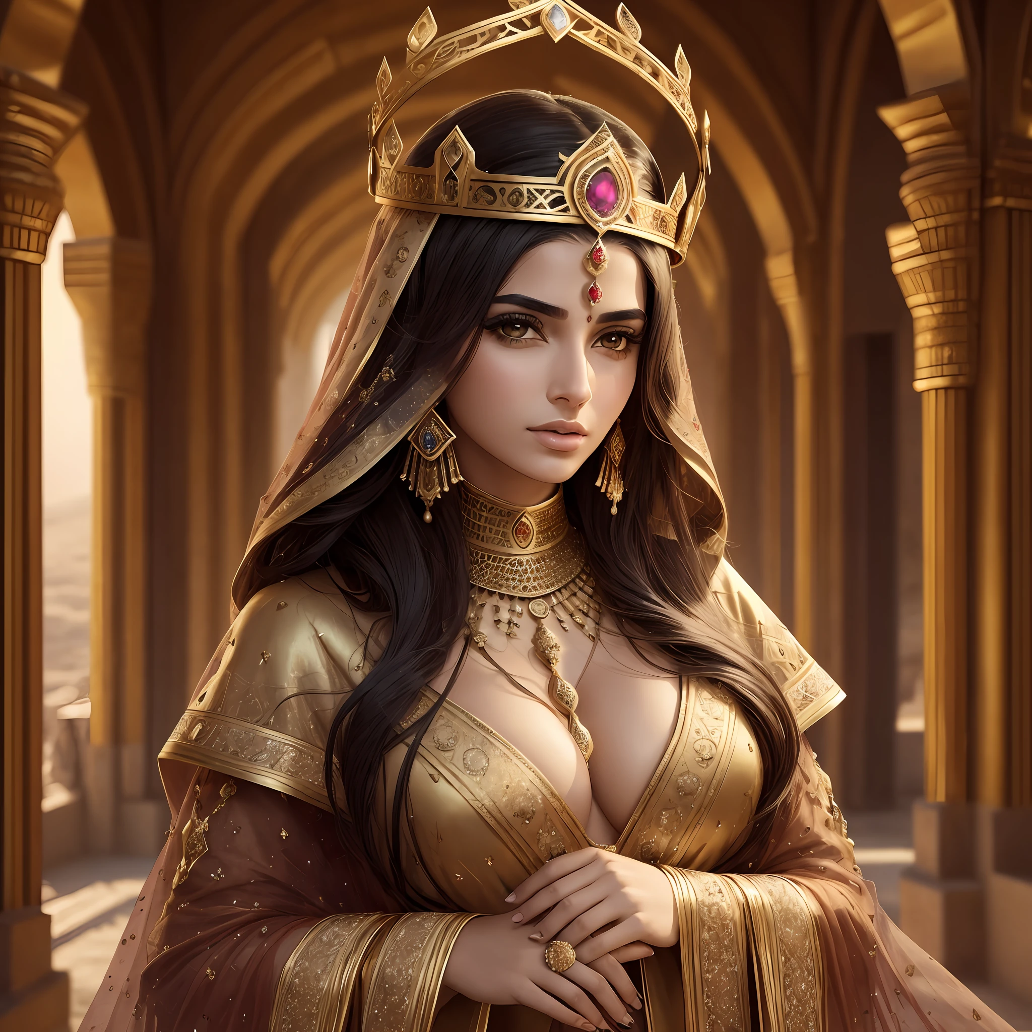 fking_scifi, fking_scifi_v2, portrait of an Arab woman, wearing a seductive crown, extremely beautiful and attractive, with large chest, seductive clothes, inside a Palace, desert city, long messy hair, rich colored clothes and golden jewelry, close-up, royal pose and attitude. fking_cinema_v2. --auto --s2