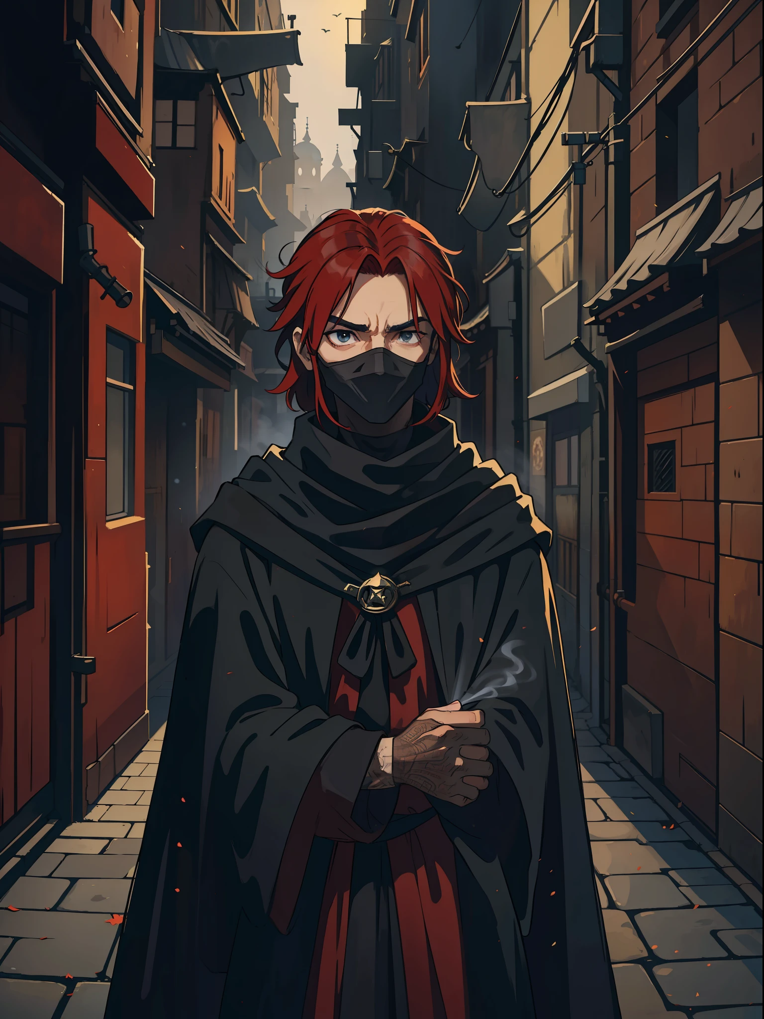 a man with red hair he is a rogue and is with a black robe wrapped around his face covered by black fabrics hide his identity partially, in the background of the image an alley of a medieval city an alley any of the dark periphery with dark and gray colors he has a wise and snobbish look make a very magical and surprising image background use shadows contour light and black smoke to compose the photo should be portrait