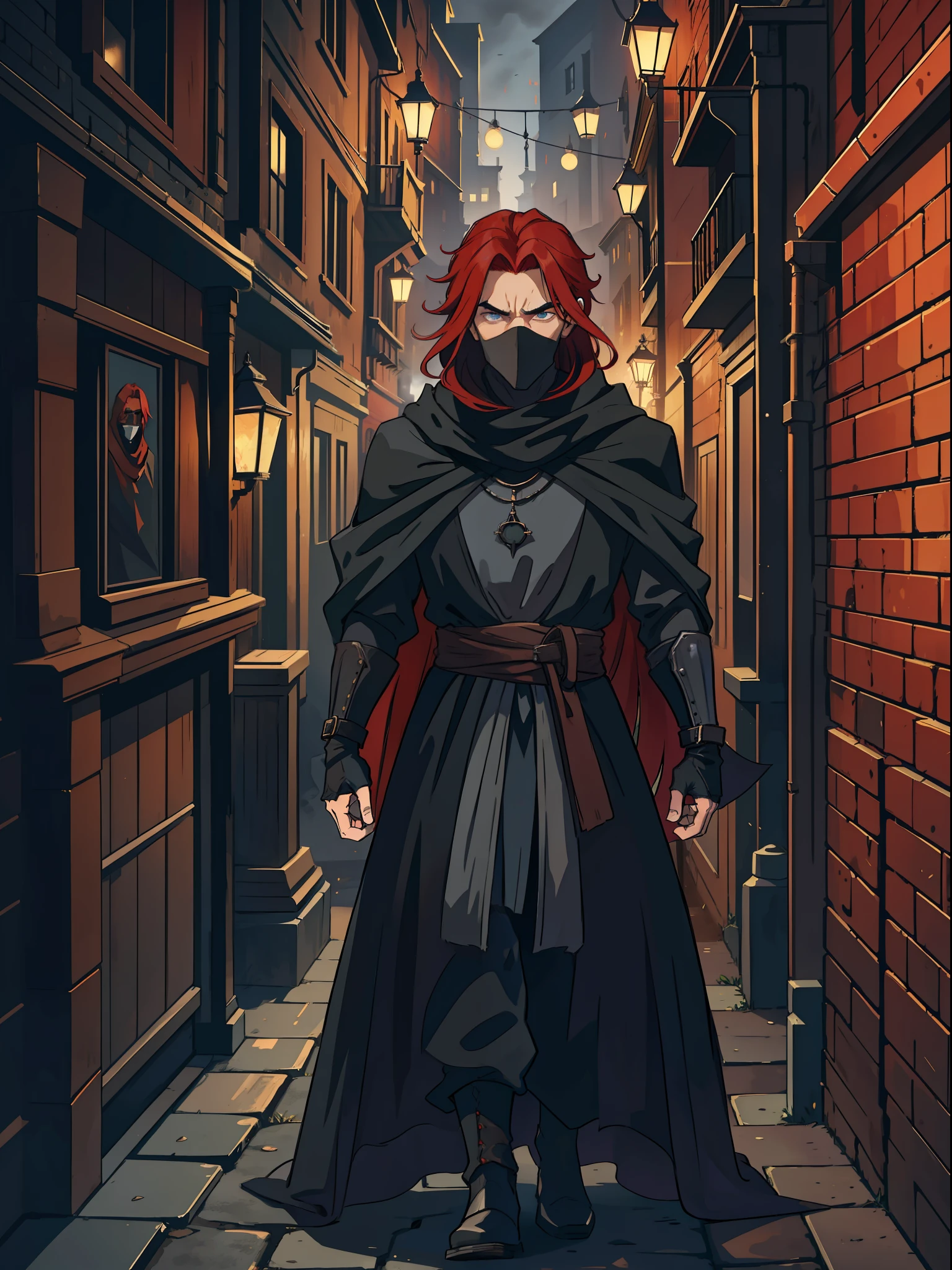 a man with red hair he is a rogue and is with a black robe wrapped around his face covered by black fabrics hide his identity partially, in the background of the image an alley of a medieval city an alley any of the dark periphery with dark and gray colors he has a wise and snobbish look make a very magical and surprising image background use shadows contour light and black smoke to compose the photo should be portrait