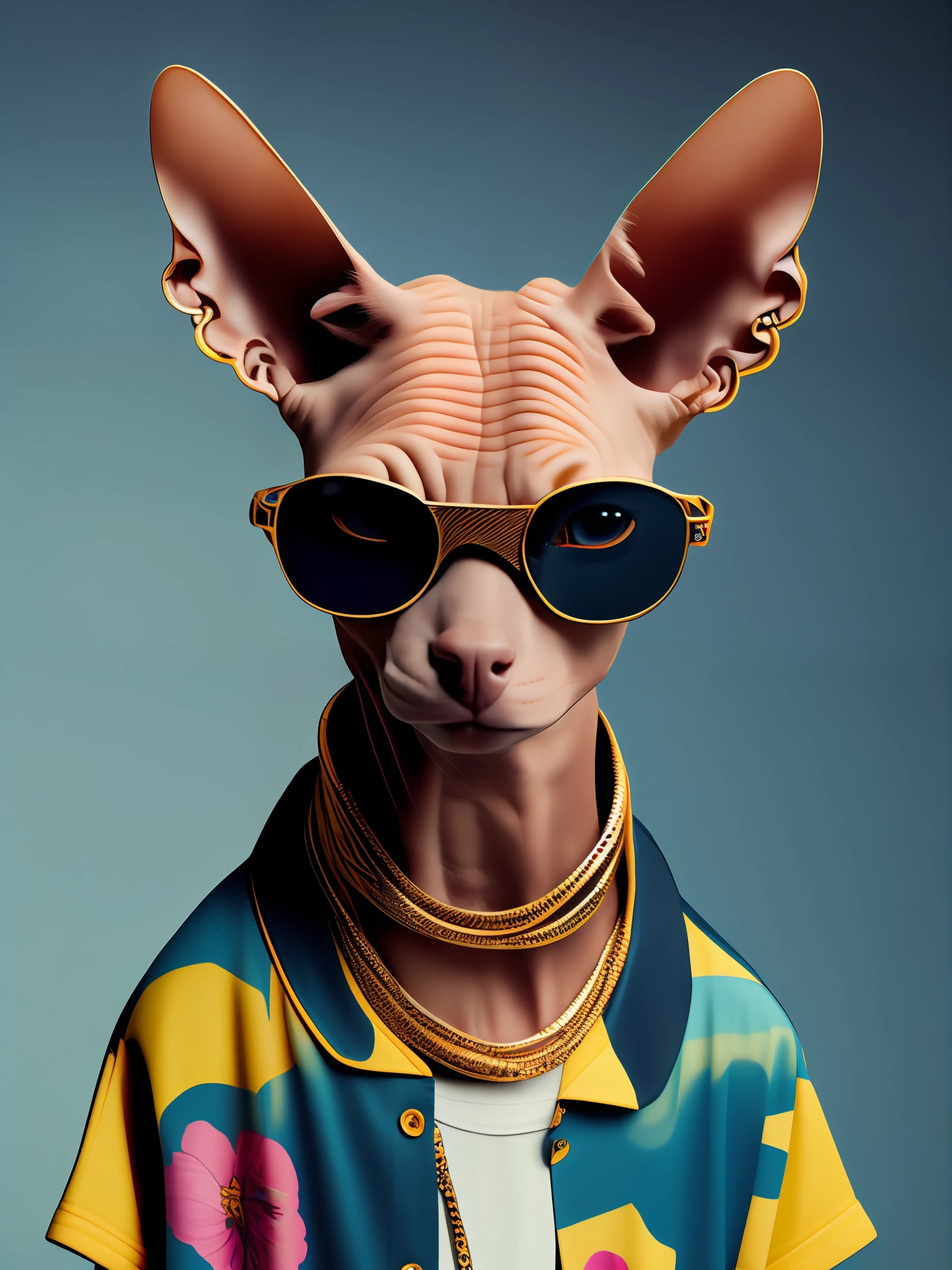 a hairless cartoon cat wearing sunglasses and a flowered shirt with a chain around its neck and earrings in its ears